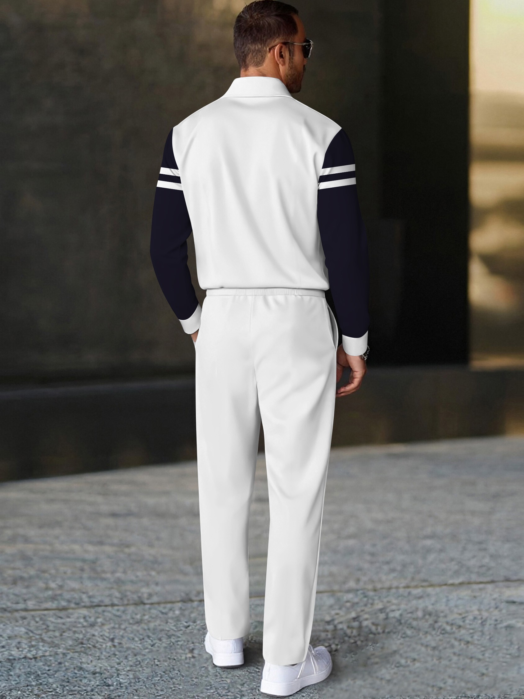 Men's casual white multi-color printed polo long-sleeve two-piece set