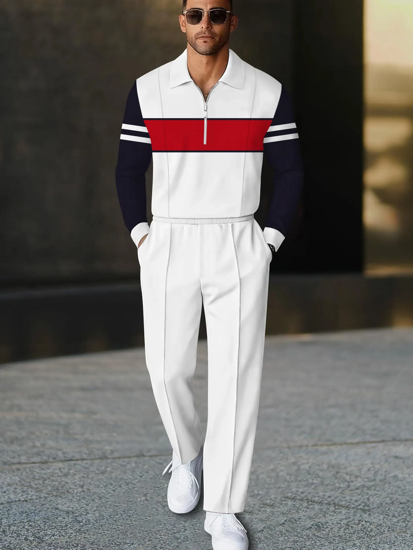 Men's casual white multi-color printed polo long-sleeve two-piece set