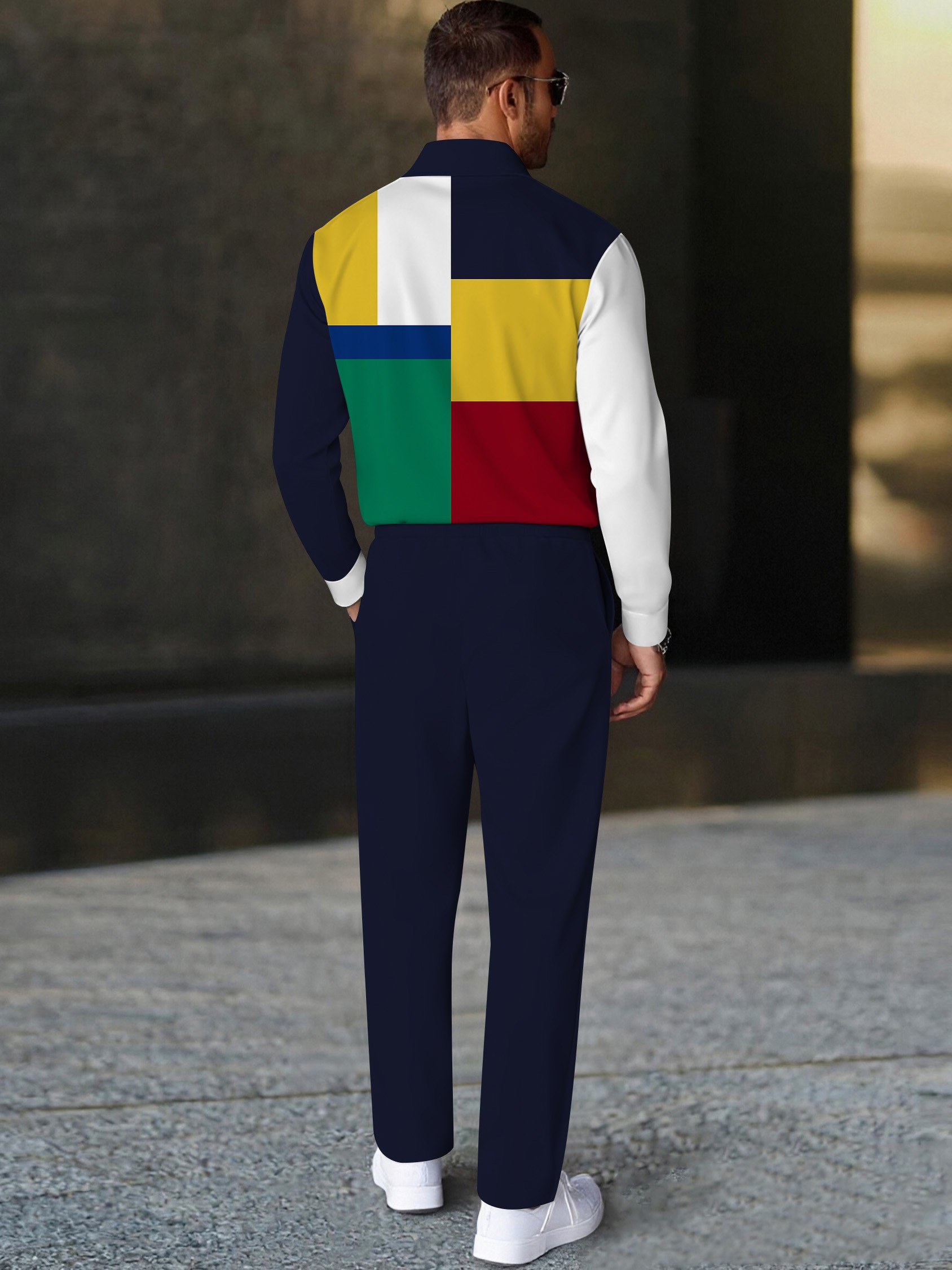 Men's casual navy striped polo long-sleeve two-piece set