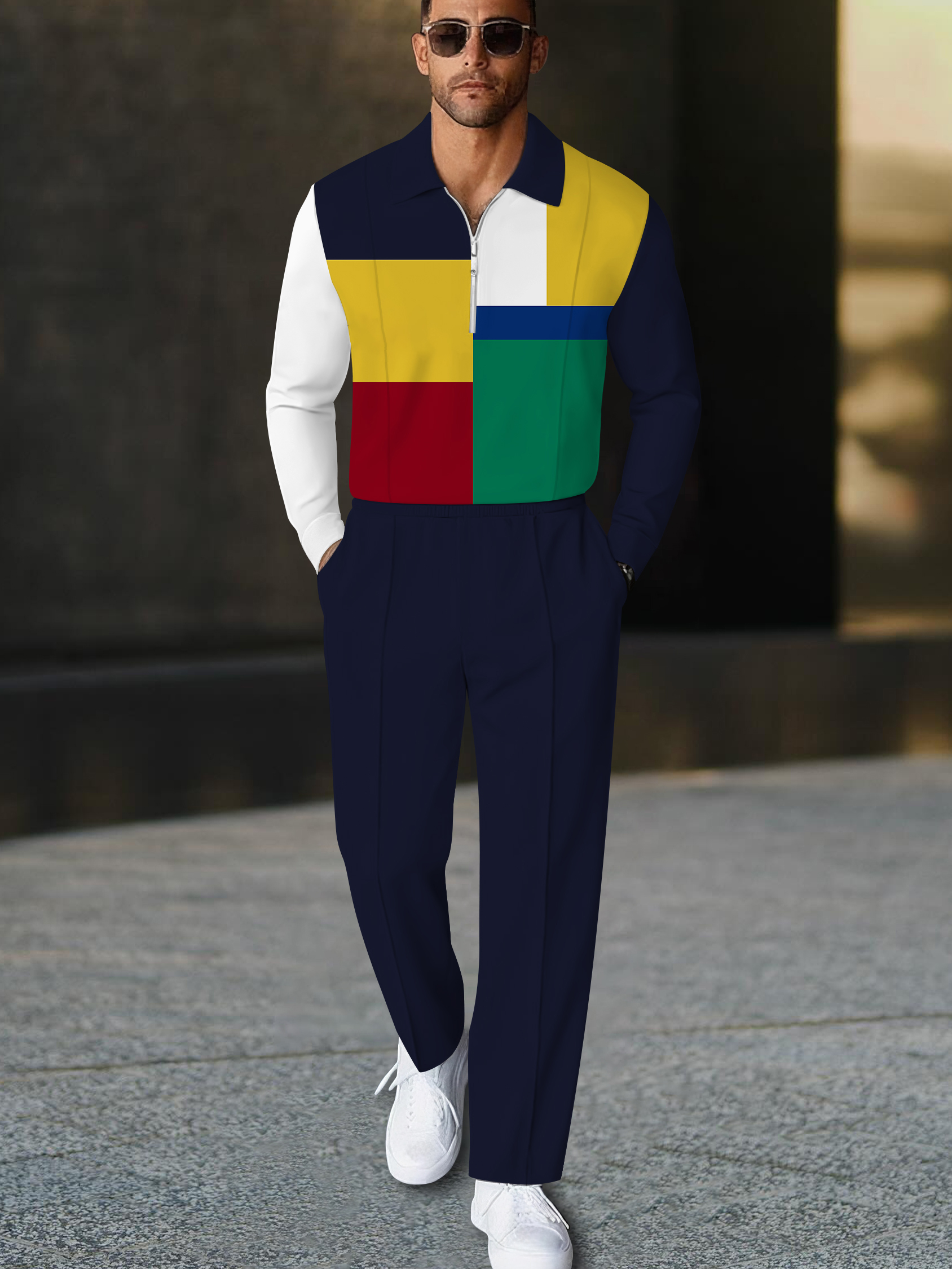 Men's casual navy striped polo long-sleeve two-piece set