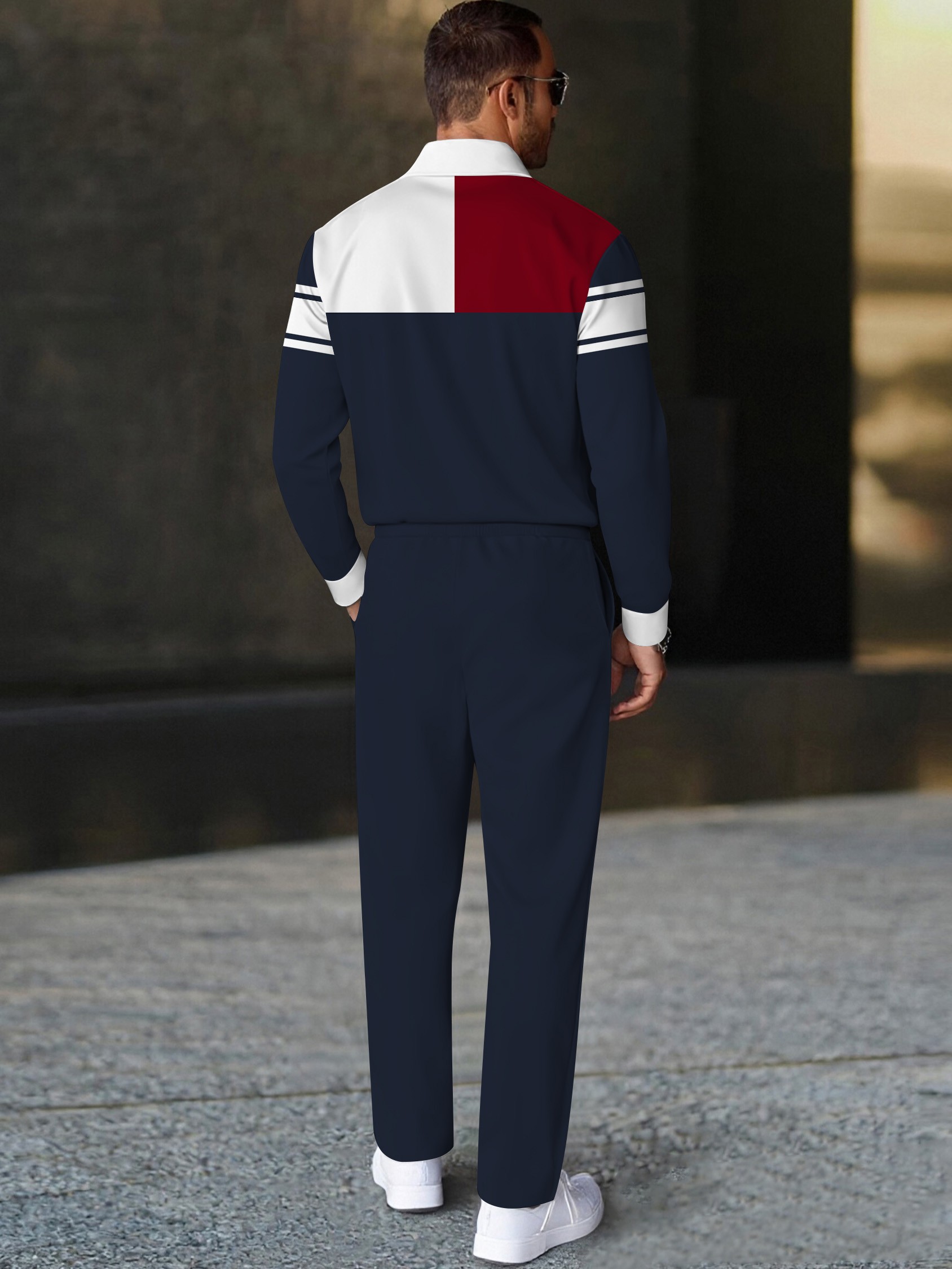 Men's casual navy blue multi-color printed polo long-sleeve two-piece set