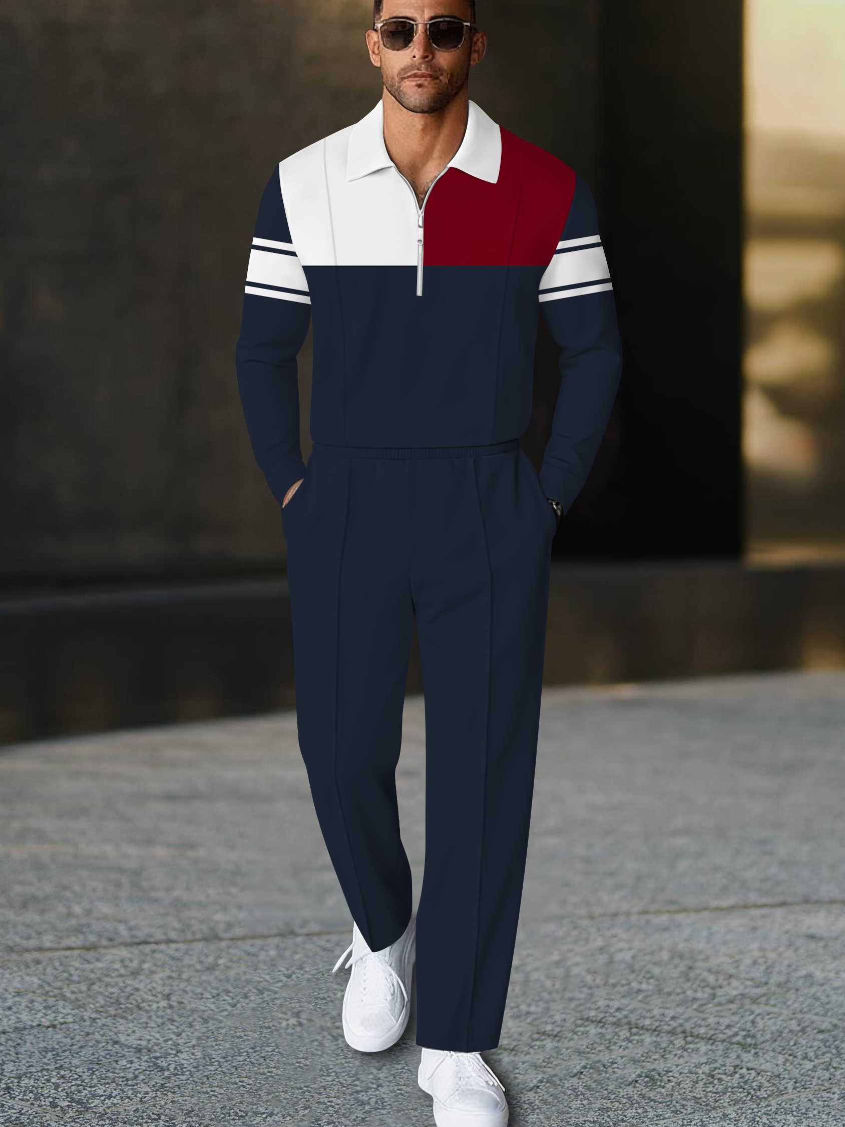 Men's casual navy blue multi-color printed polo long-sleeve two-piece set