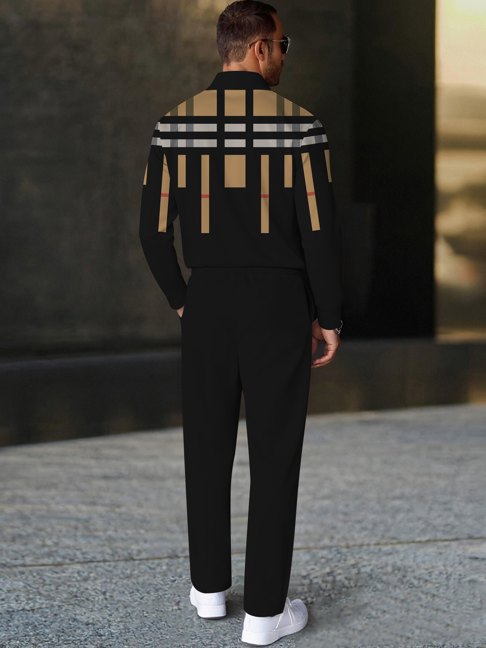 Men's casual black checkered print polo long-sleeve two-piece set