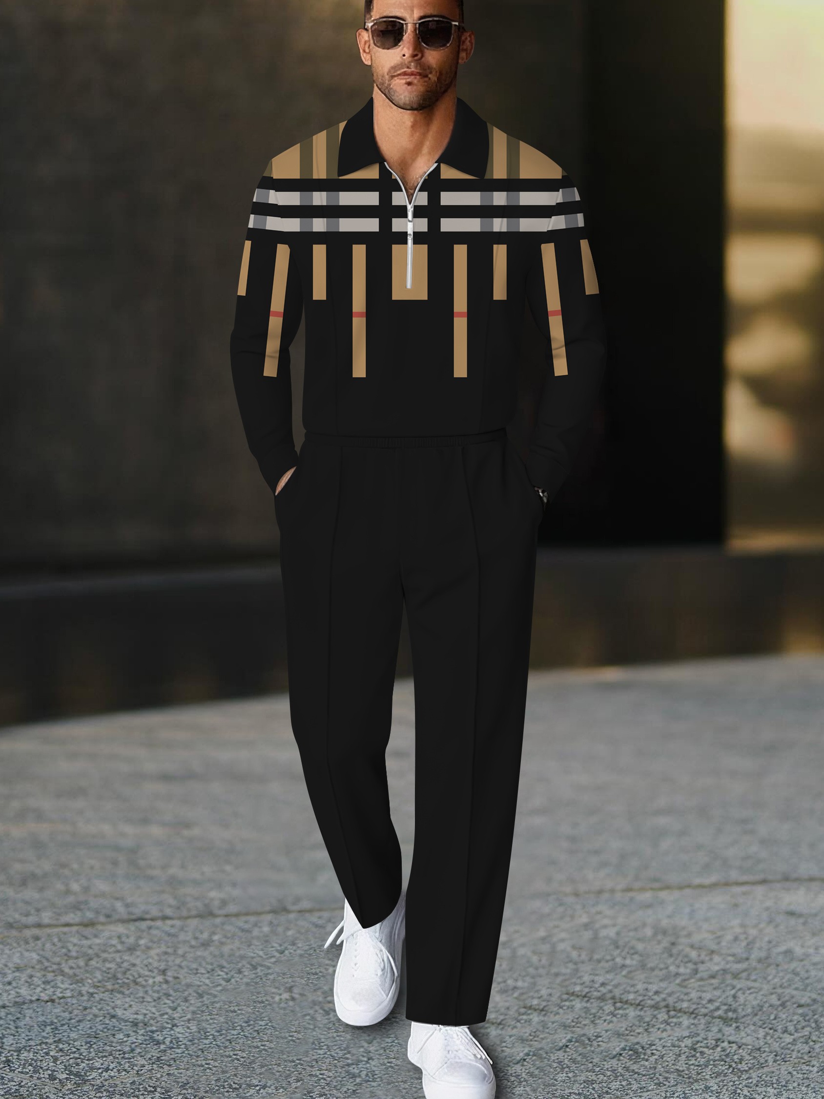 Men's casual black checkered print polo long-sleeve two-piece set