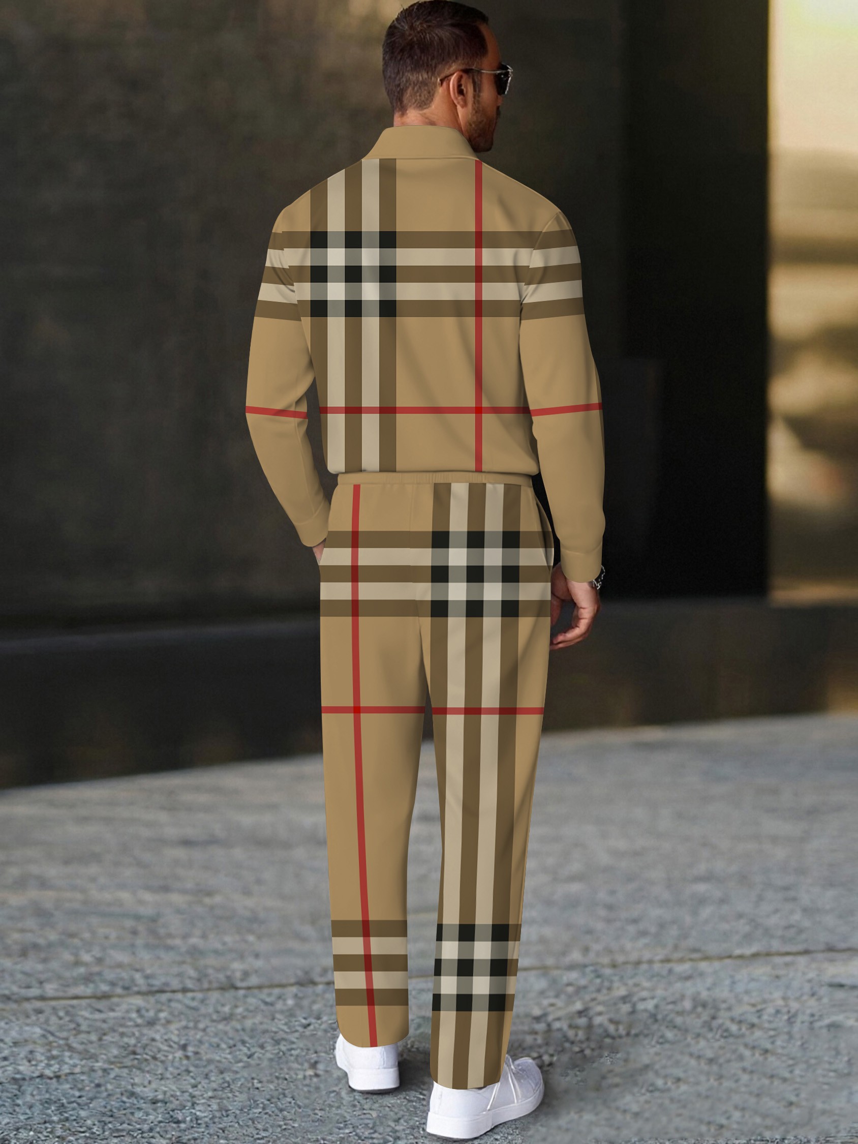 Men's casual khaki checkered print polo long-sleeve two-piece set