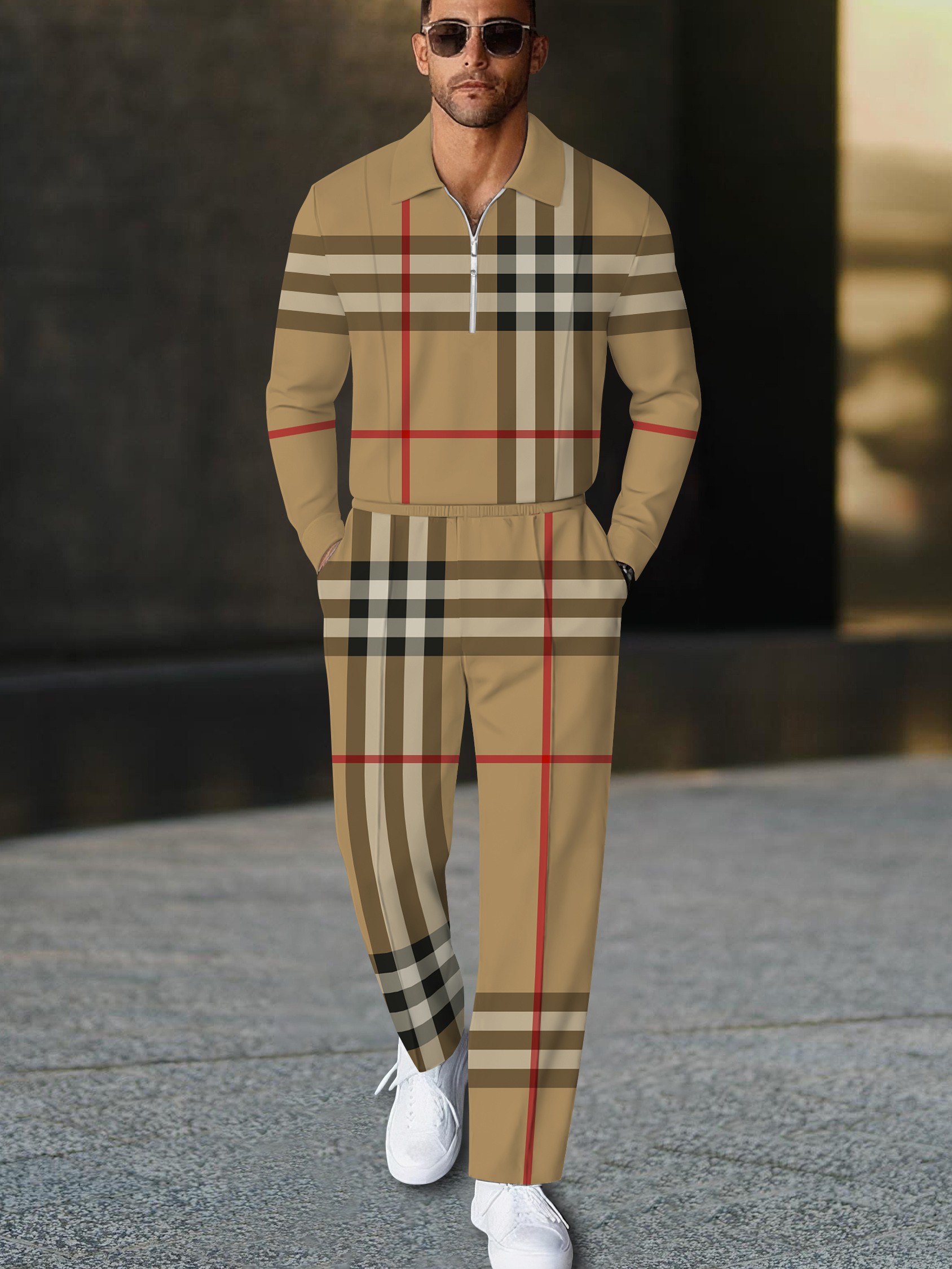 Men's casual khaki checkered print polo long-sleeve two-piece set