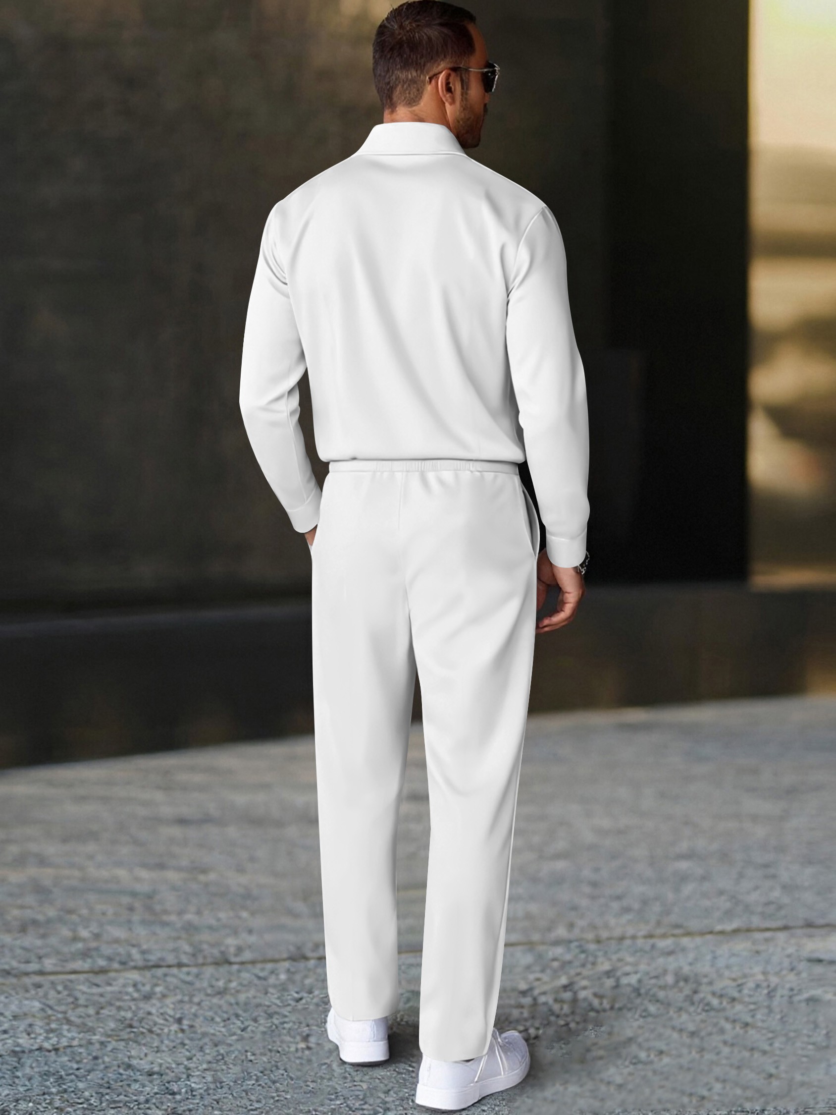 Men's casual white striped polo long-sleeve two-piece set