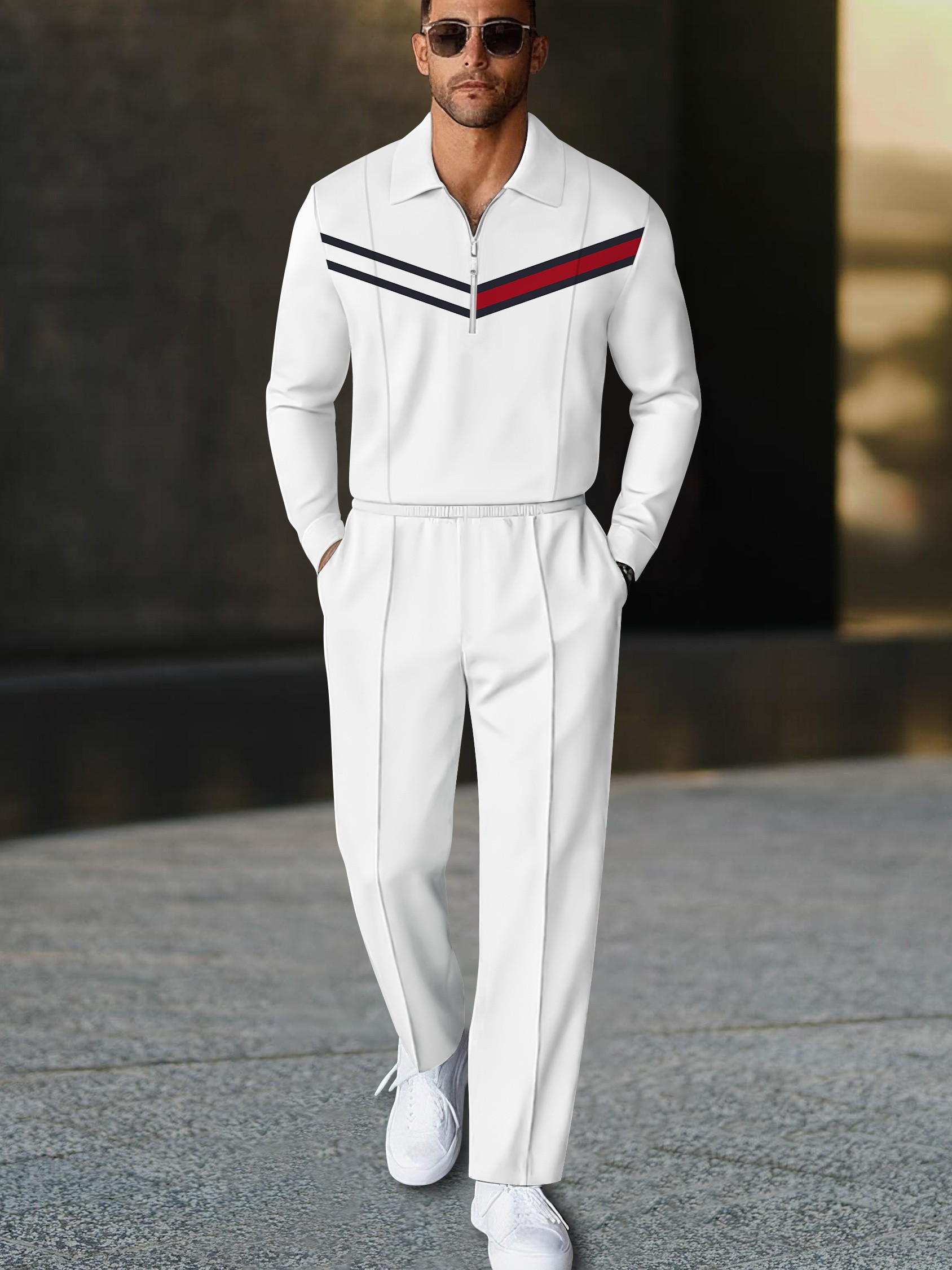 Men's casual white striped polo long-sleeve two-piece set