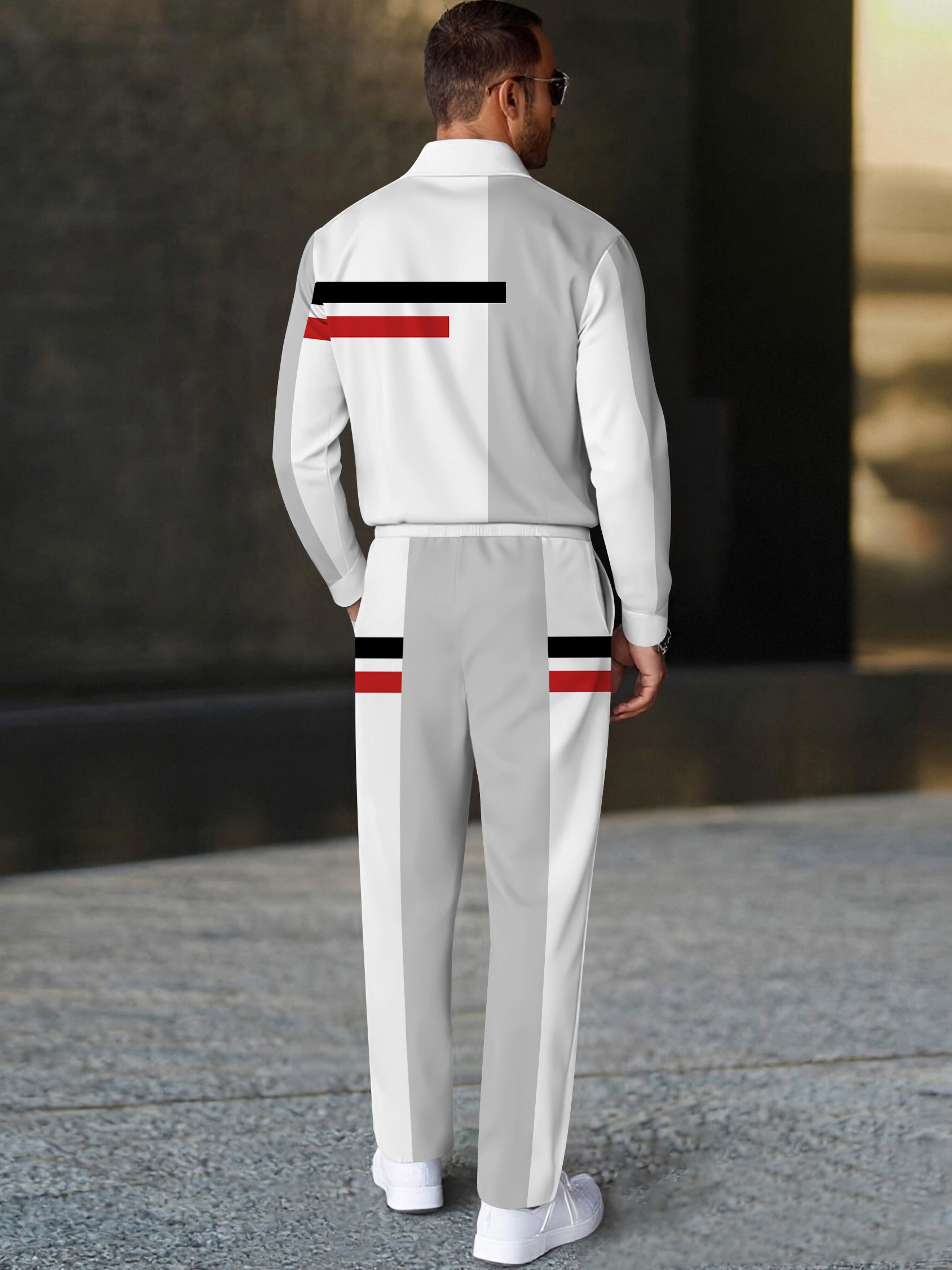 Men's casual grey striped printed polo long-sleeve two-piece set