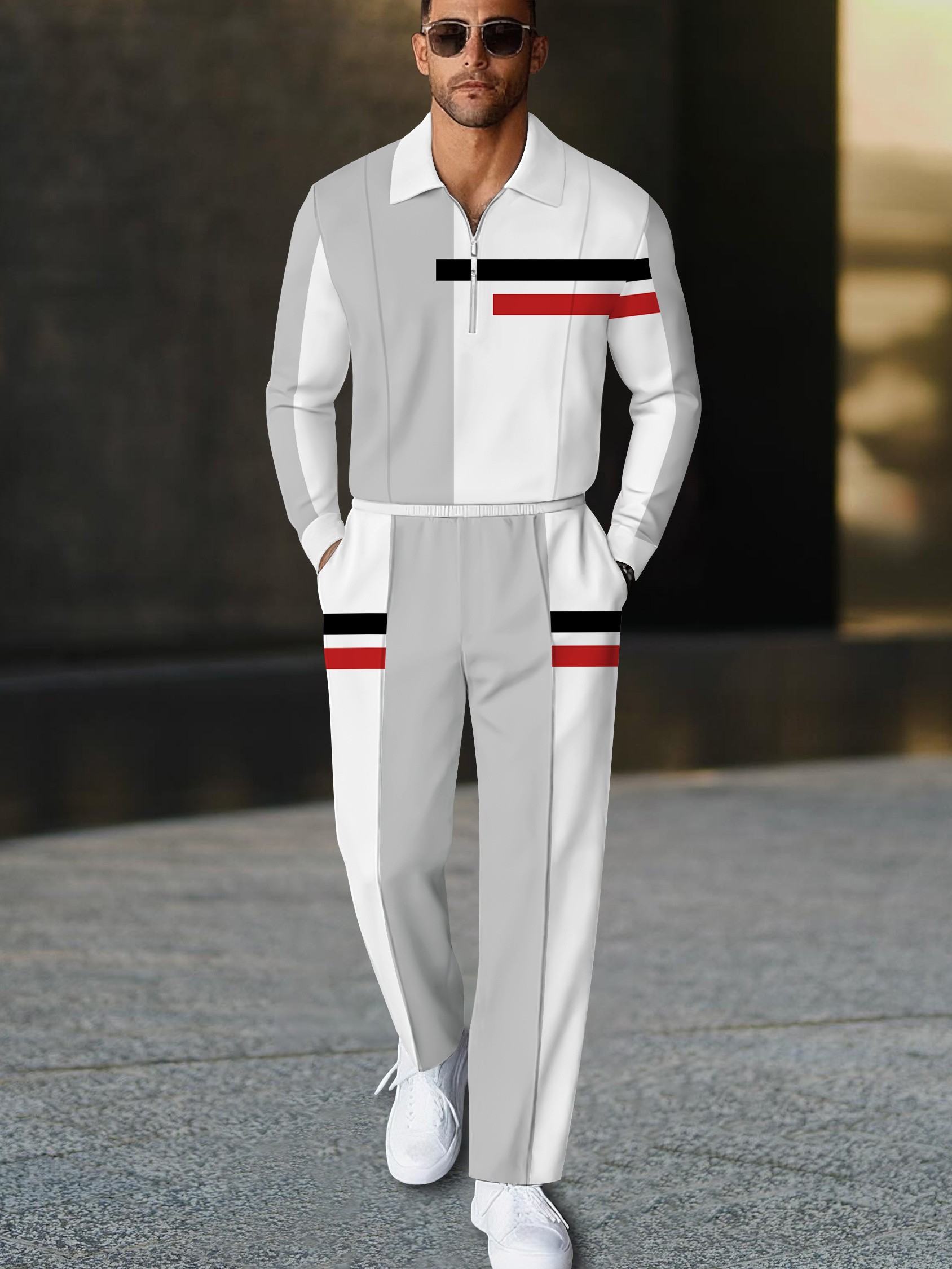 Men's casual grey striped printed polo long-sleeve two-piece set