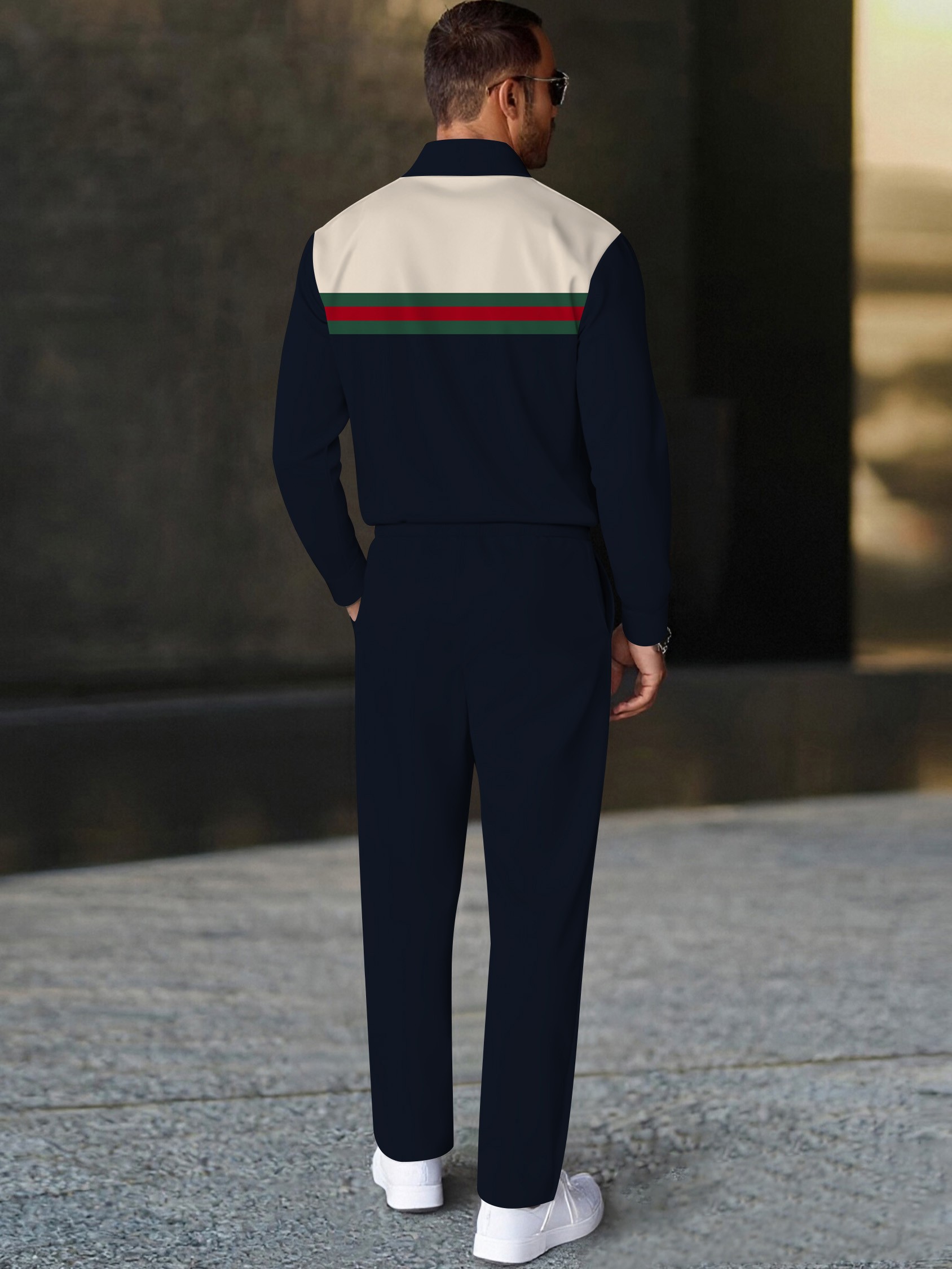 Men's casual navy striped polo long-sleeve two-piece set