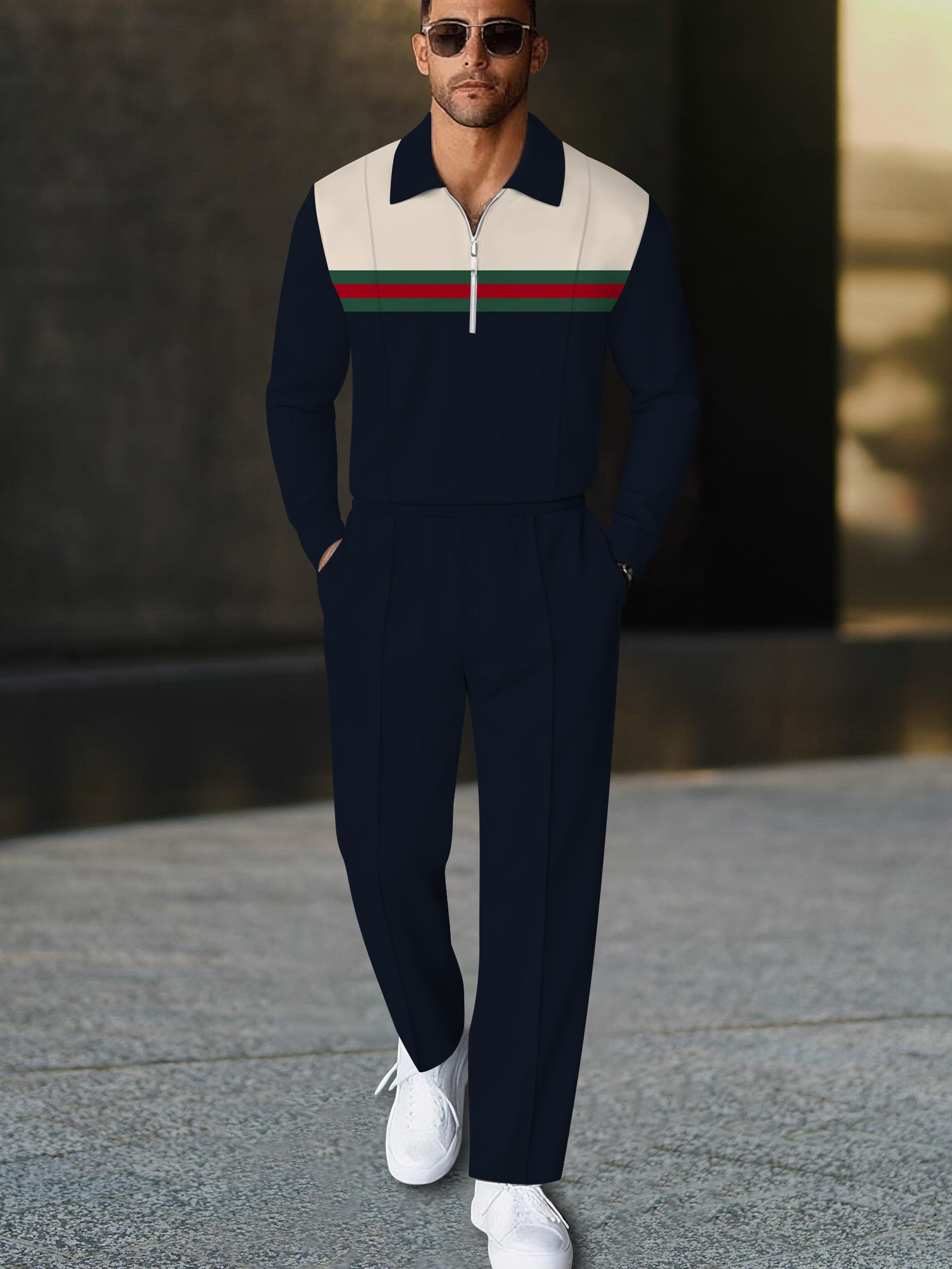 Men's casual navy striped polo long-sleeve two-piece set