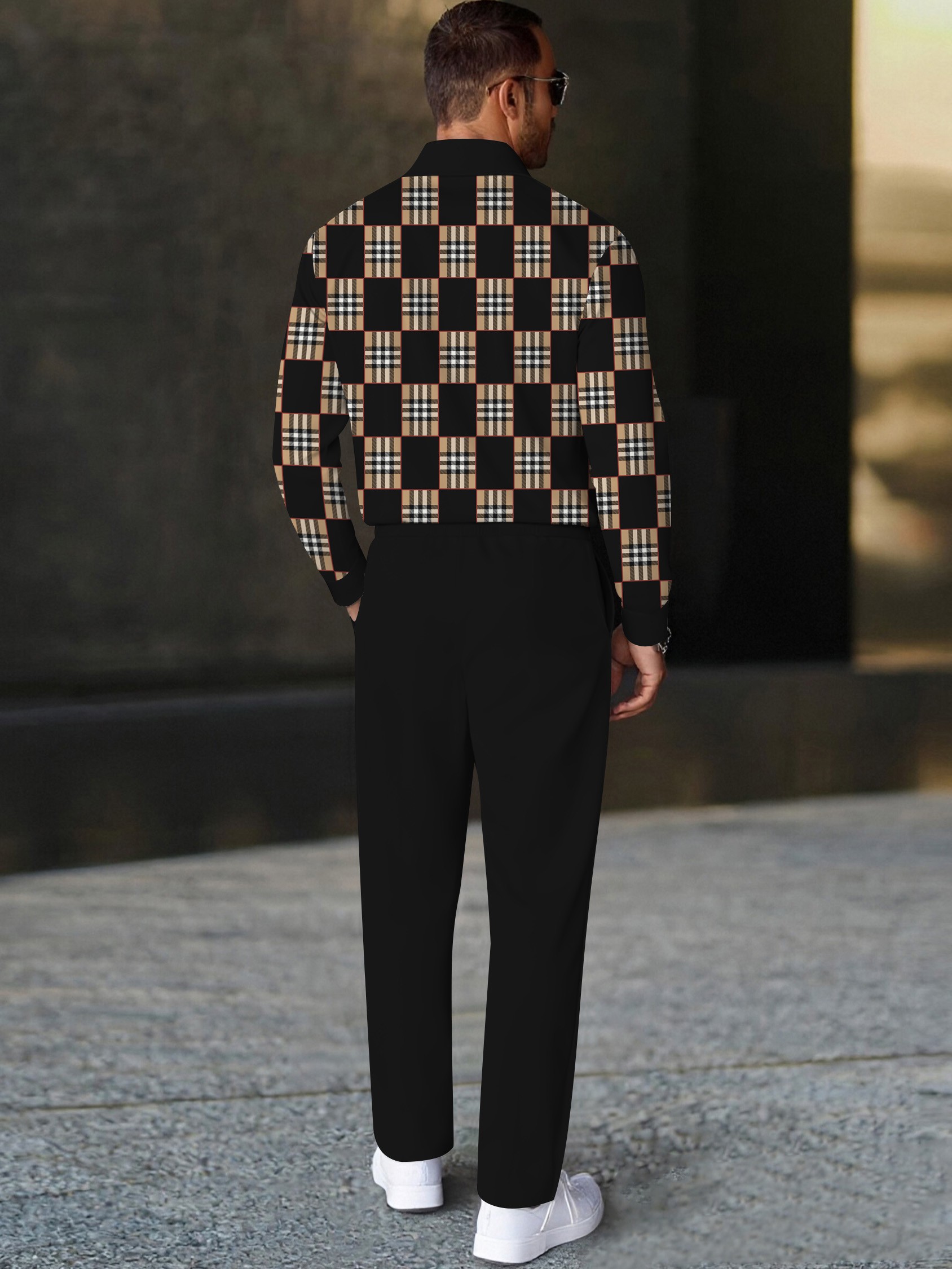 Men's casual black checkered print polo long-sleeve two-piece set