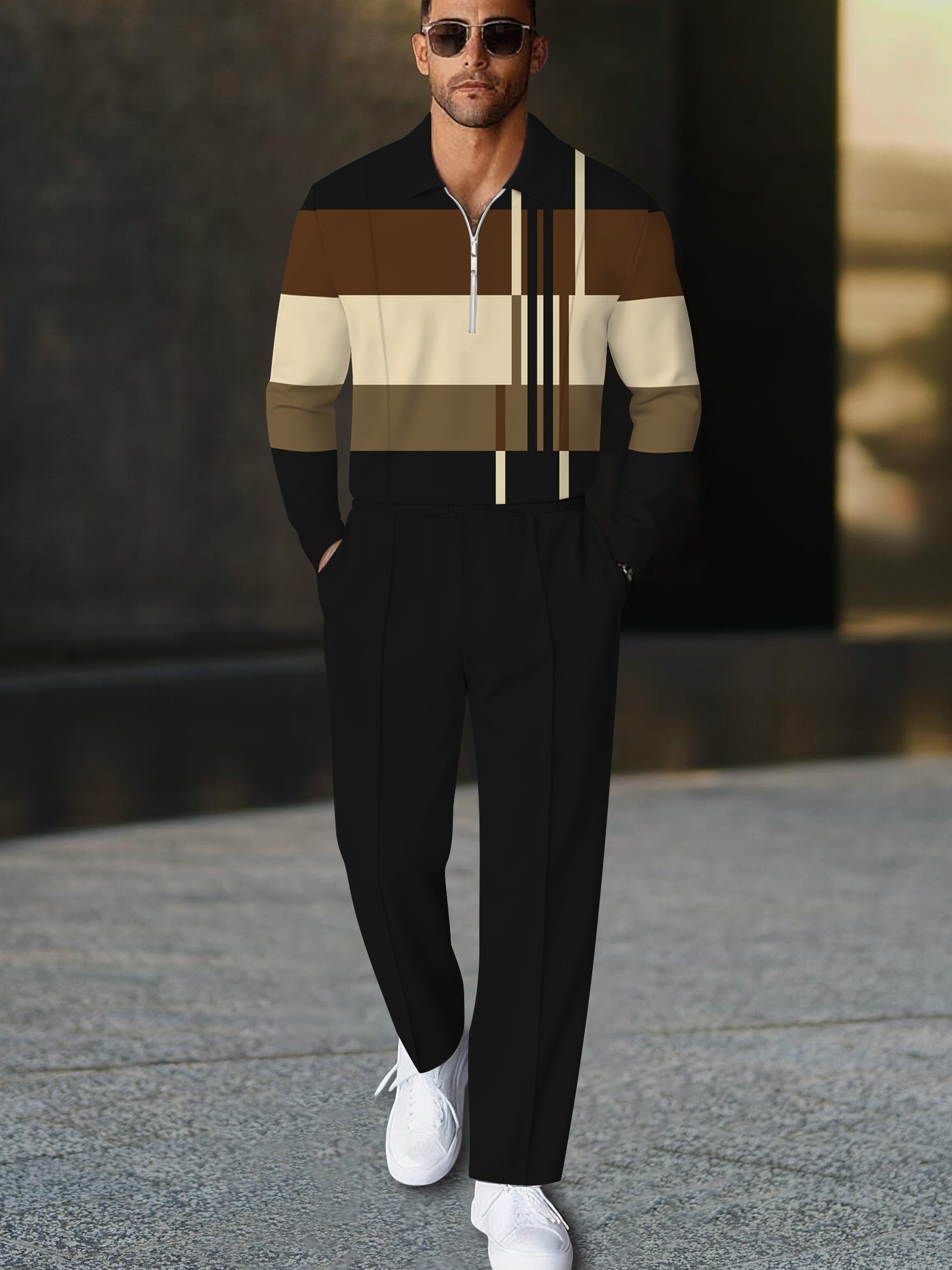 Men's casual striped print polo long-sleeve two-piece set