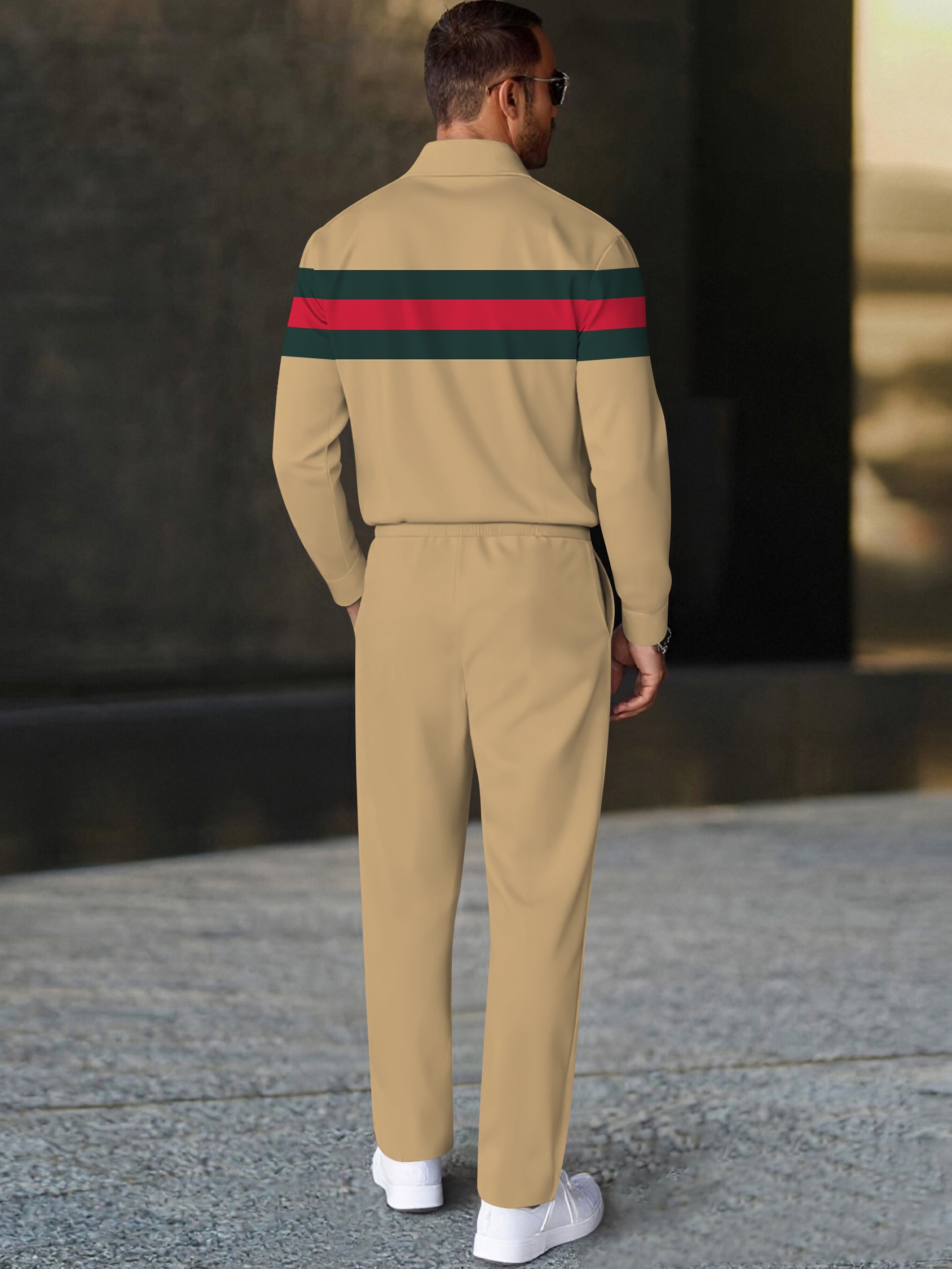 Men's casual khaki striped print polo long-sleeve two-piece set