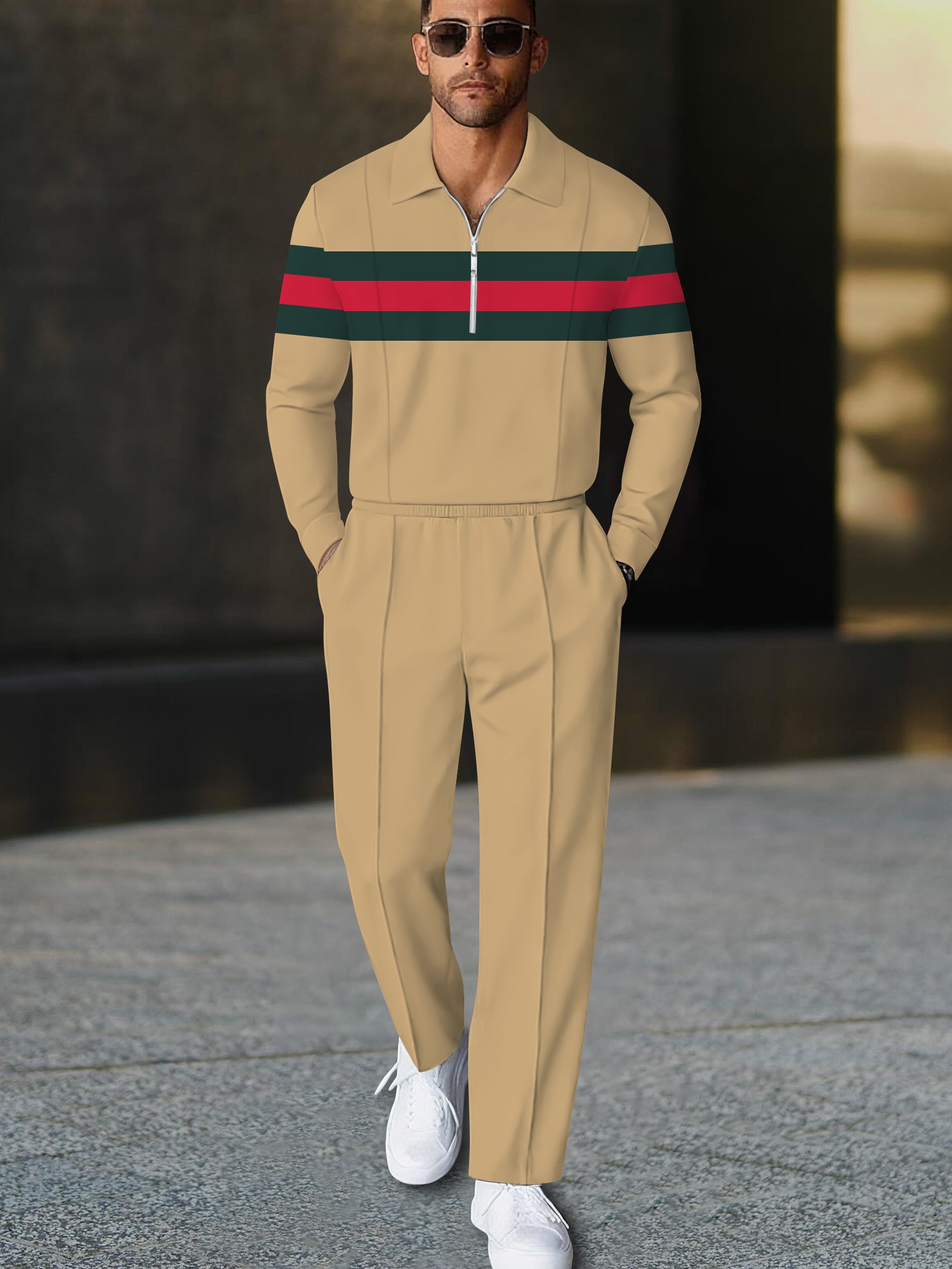 Men's casual khaki striped print polo long-sleeve two-piece set