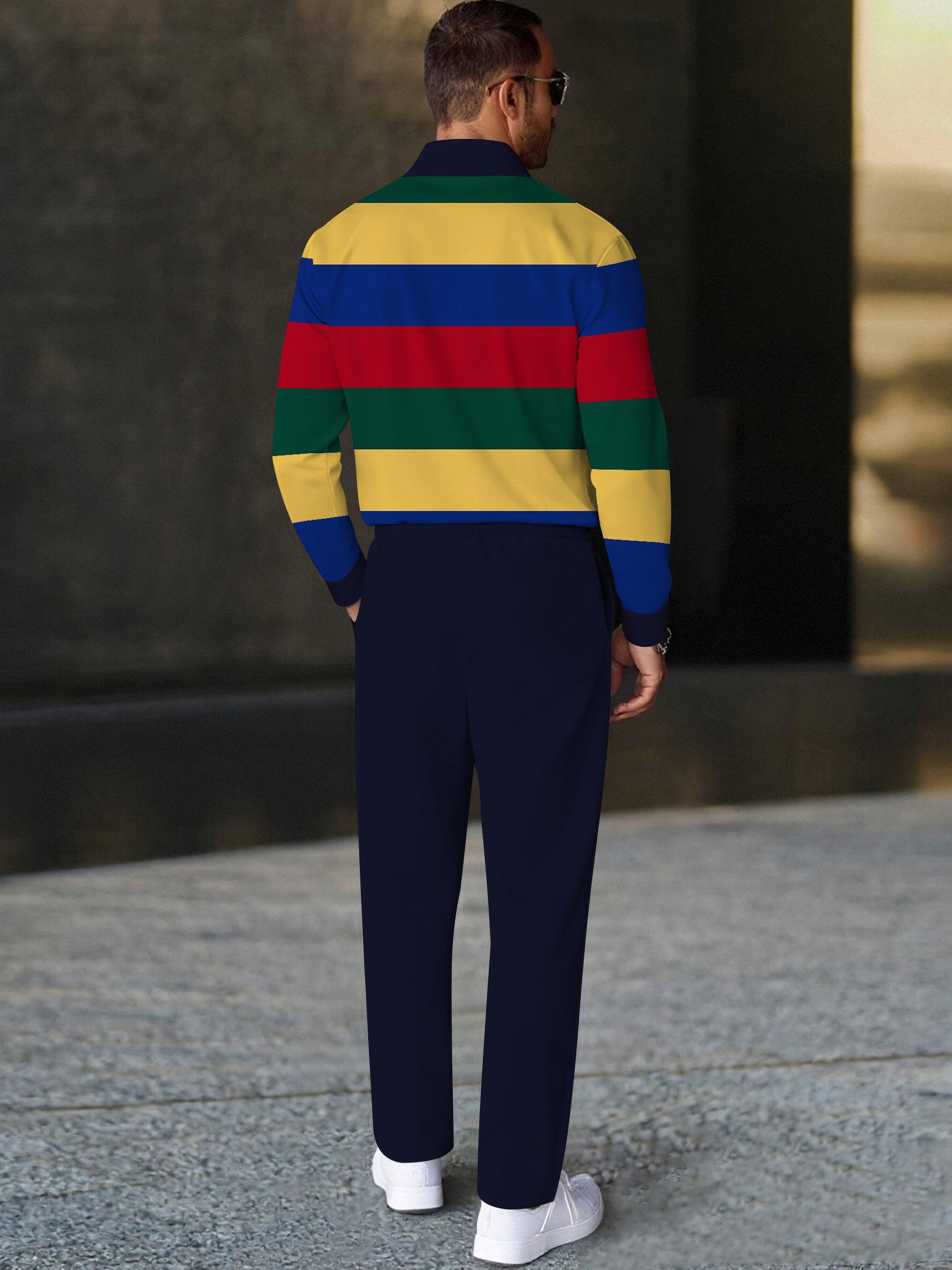 Men's casual colorful striped print polo long-sleeve two-piece set