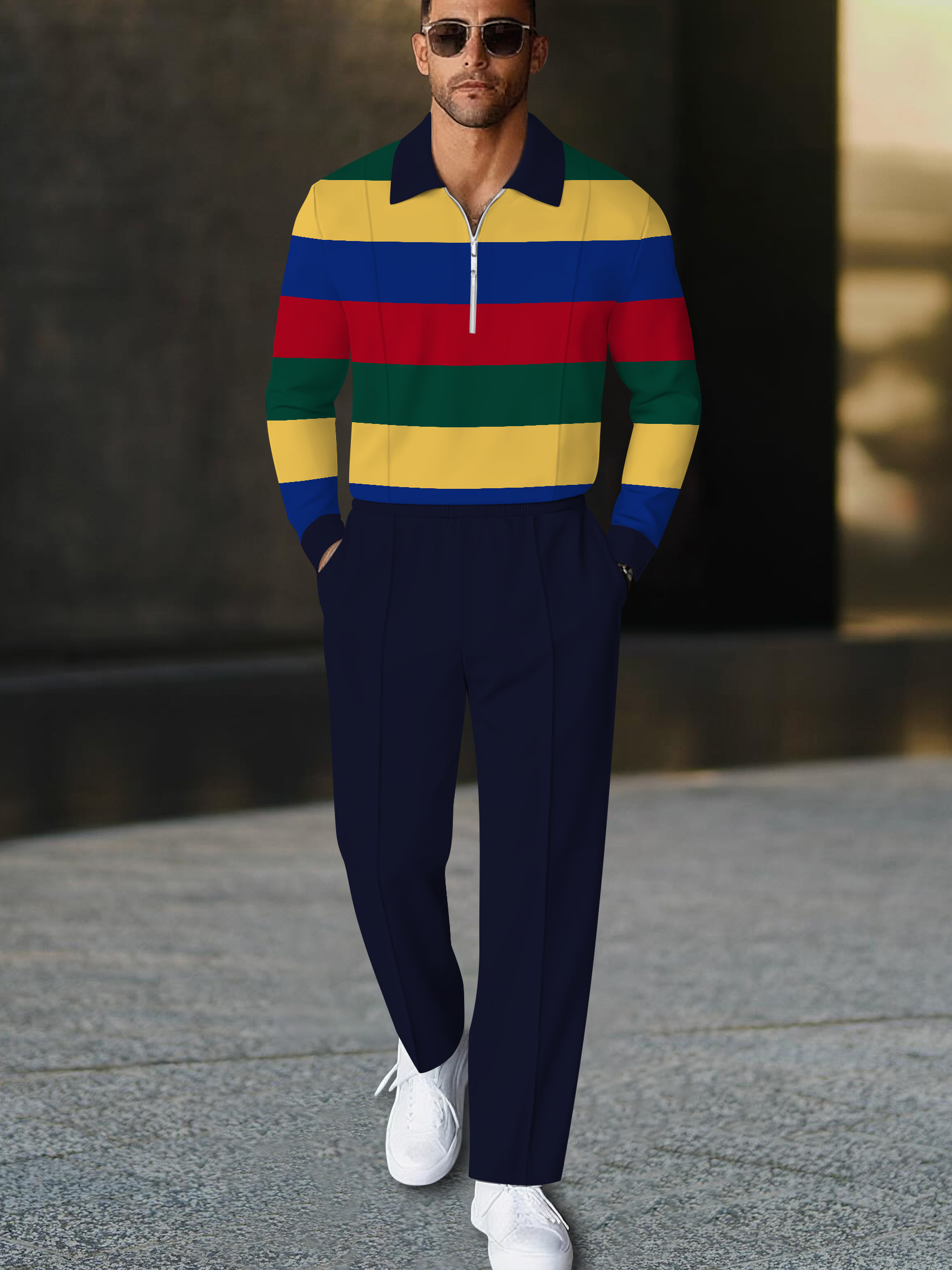 Men's casual colorful striped print polo long-sleeve two-piece set