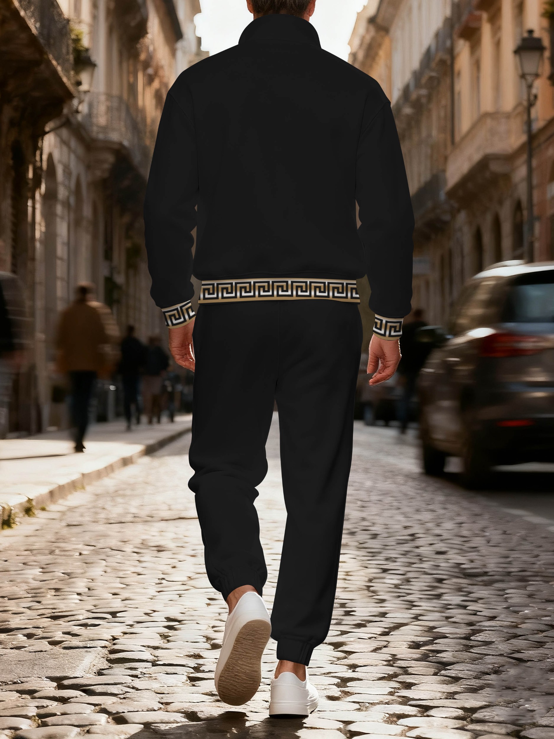 Men's casual black geometric print polo with zipper long-sleeved suit