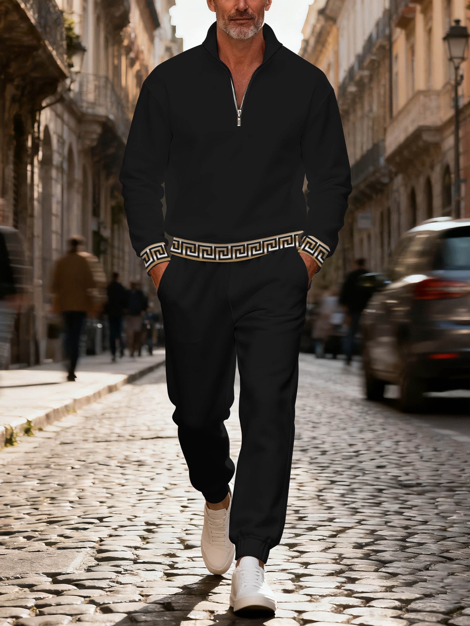 Men's casual black geometric print polo with zipper long-sleeved suit