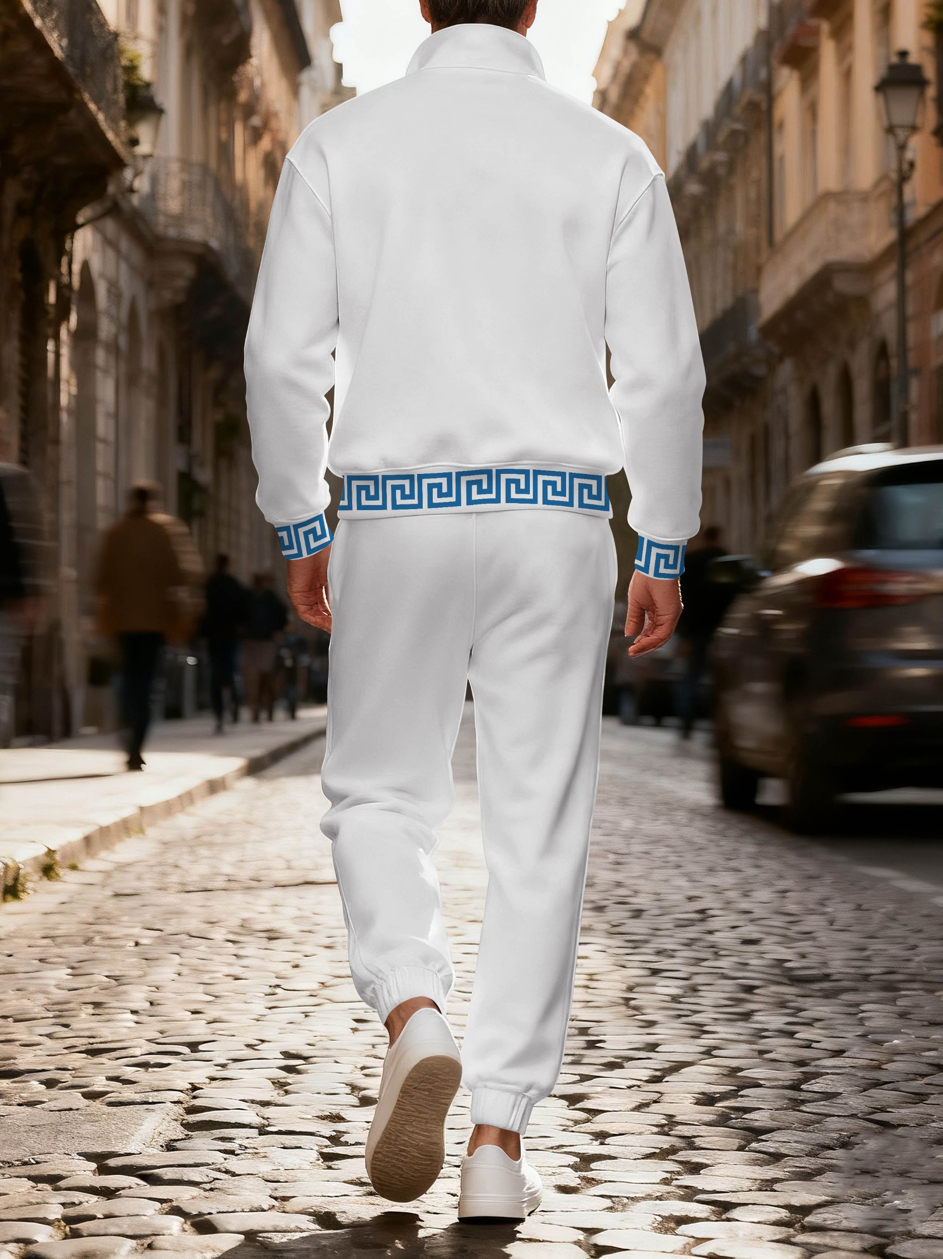 Men's casual blue geometric print polo with zipper long-sleeved set