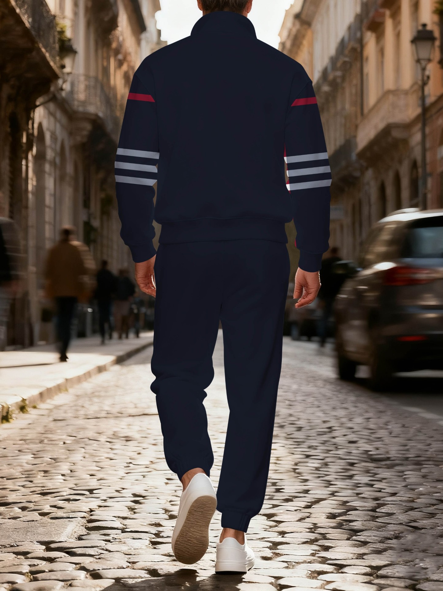 Men's casual navy blue striped print polo with zipper long-sleeved suit