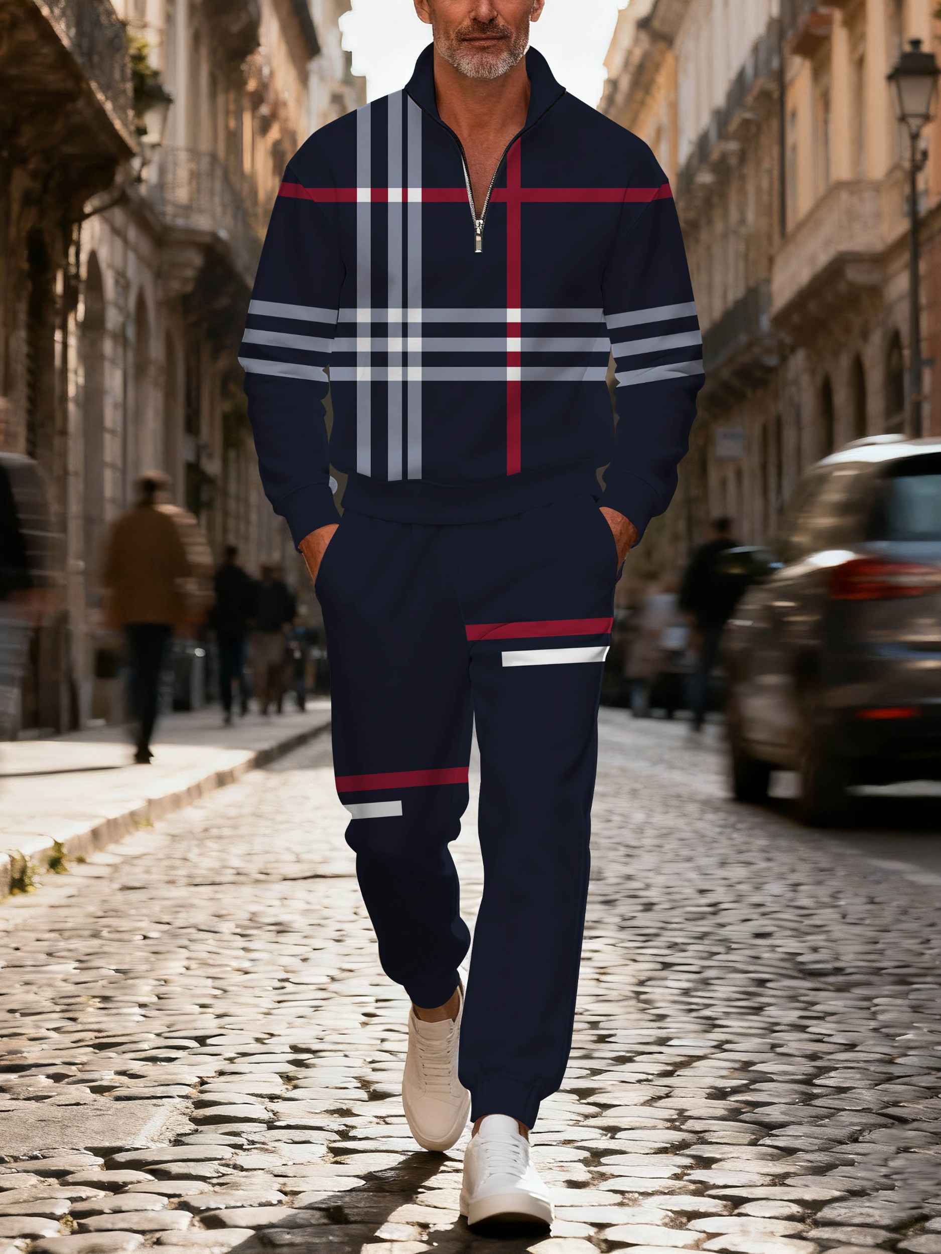 Men's casual navy blue striped print polo with zipper long-sleeved suit