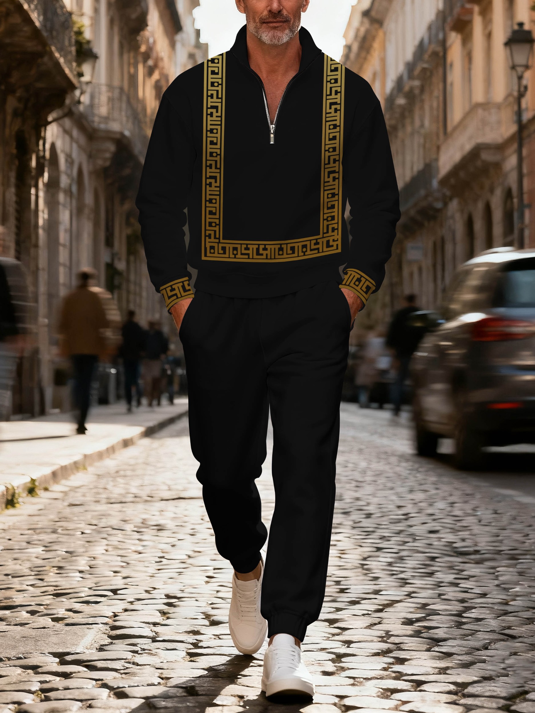 Men's casual black-gold geometric print zipper polo long-sleeve set