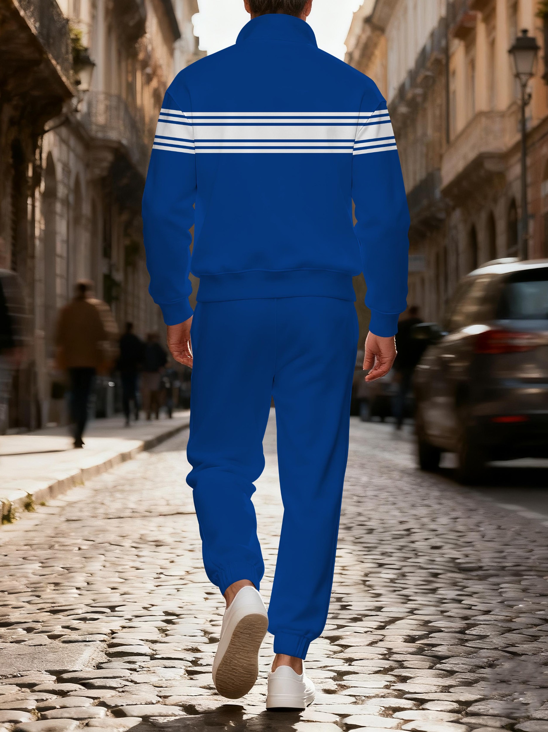 Men's casual blue striped printed zipper polo long-sleeve suit