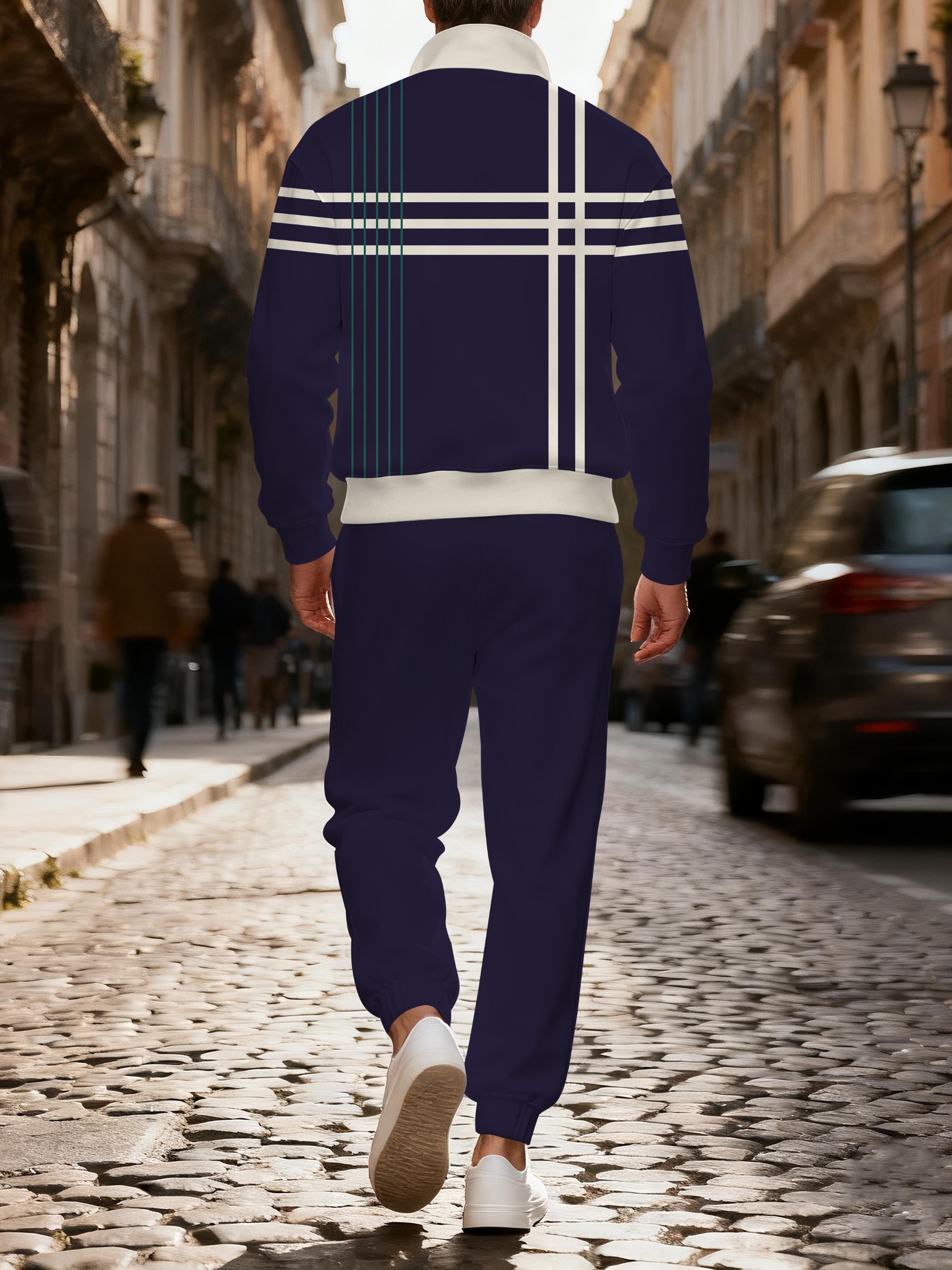 Men's casual navy striped printed zipper polo long-sleeve set