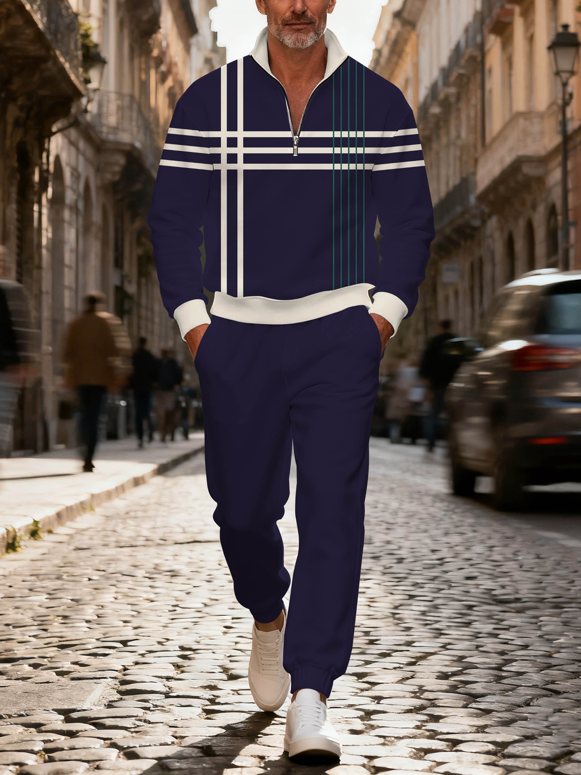 Men's casual navy striped printed zipper polo long-sleeve set