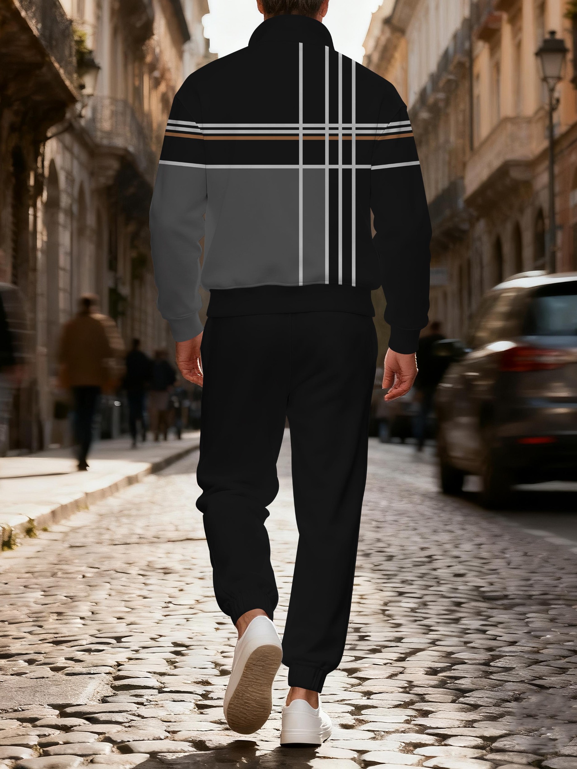 Men's casual black striped printed zipper polo long-sleeve suit