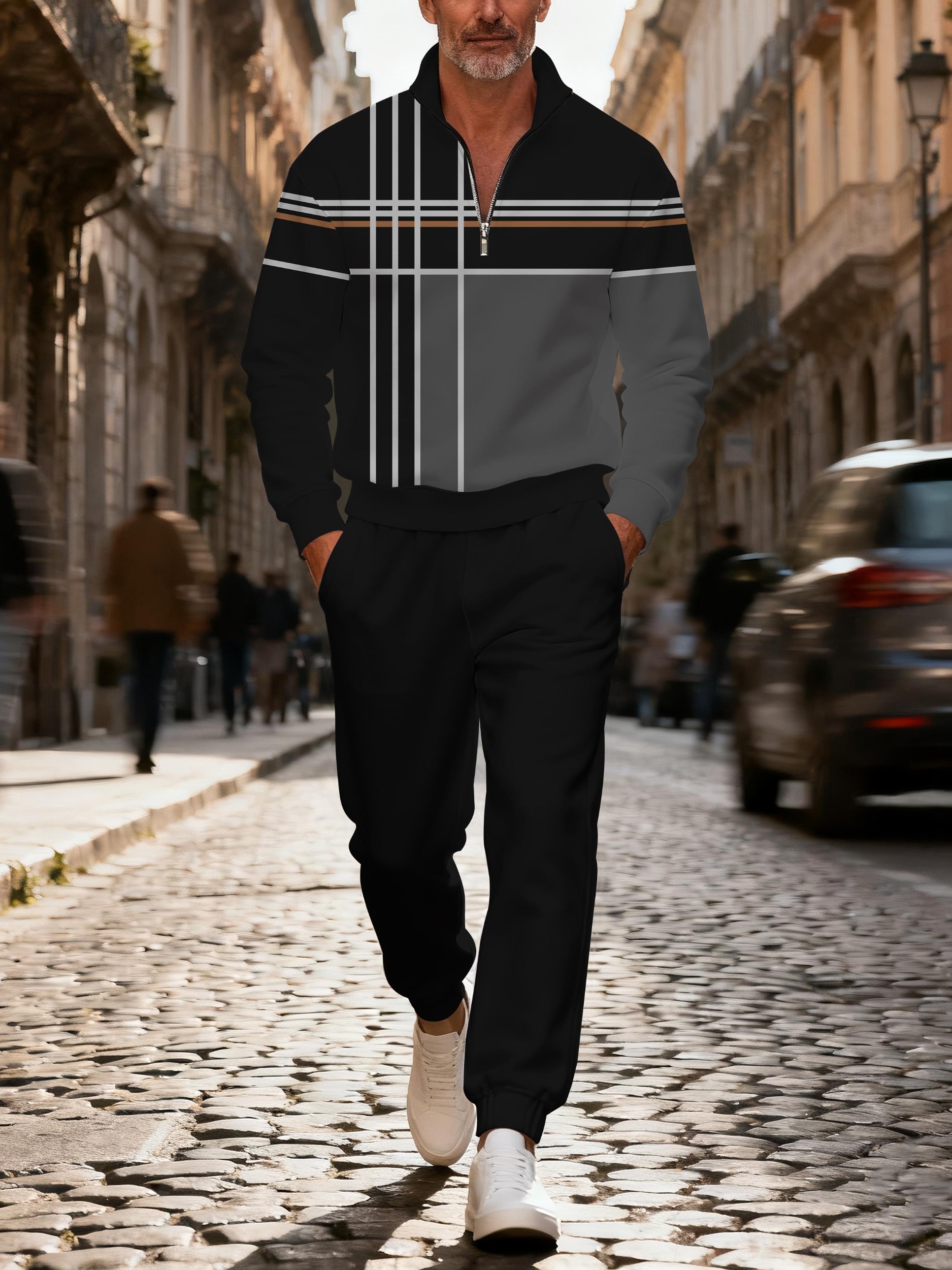 Men's casual black striped printed zipper polo long-sleeve suit