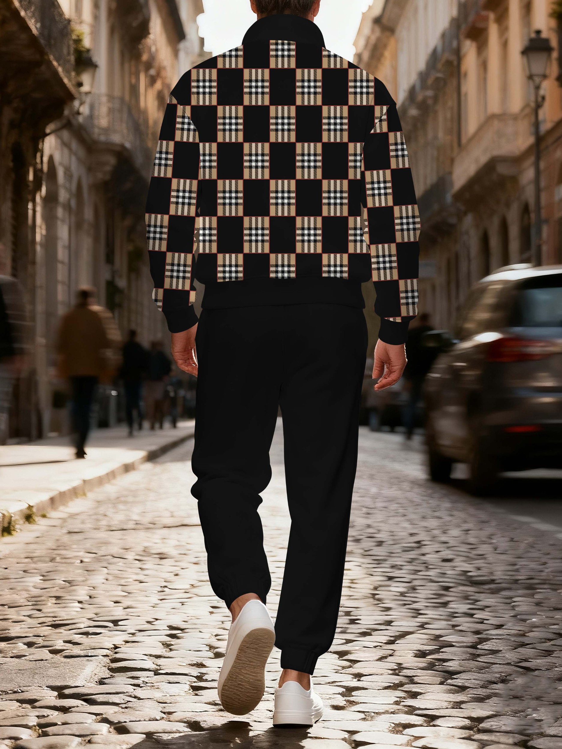 Men's casual black checkered print zipper polo long-sleeve suit