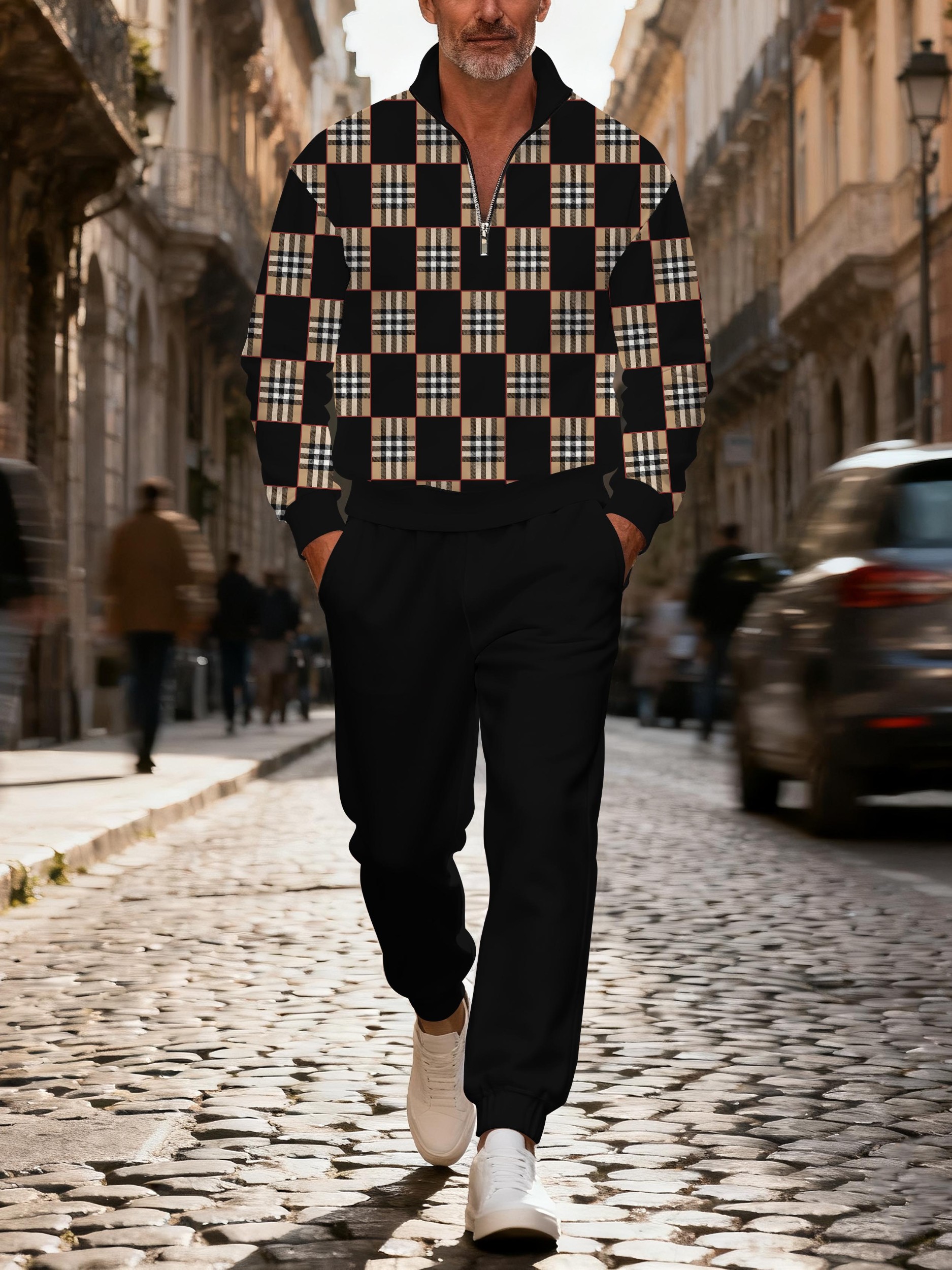 Men's casual black checkered print zipper polo long-sleeve suit