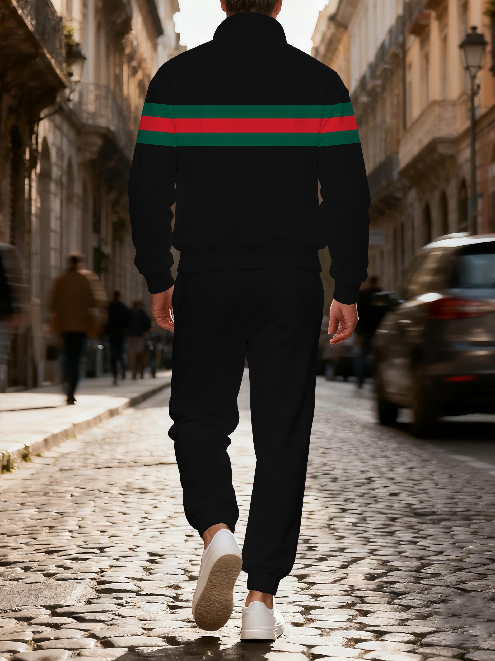 Men's casual black striped printed zipper polo long-sleeve suit