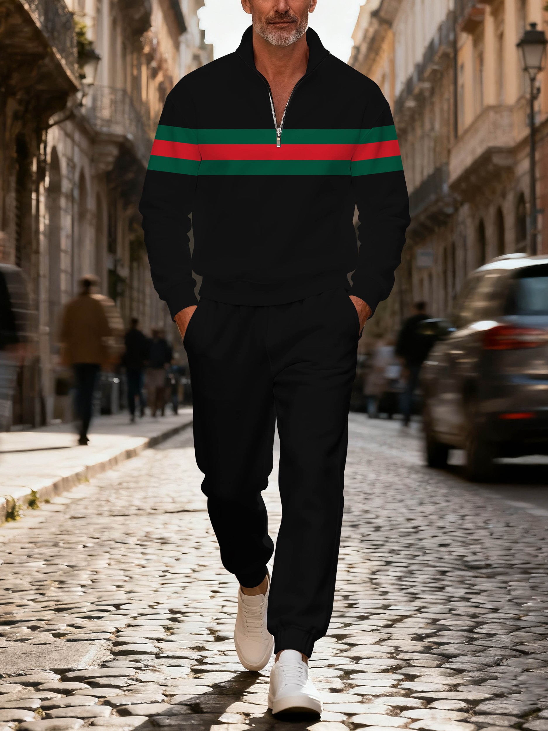 Men's casual black striped printed zipper polo long-sleeve suit