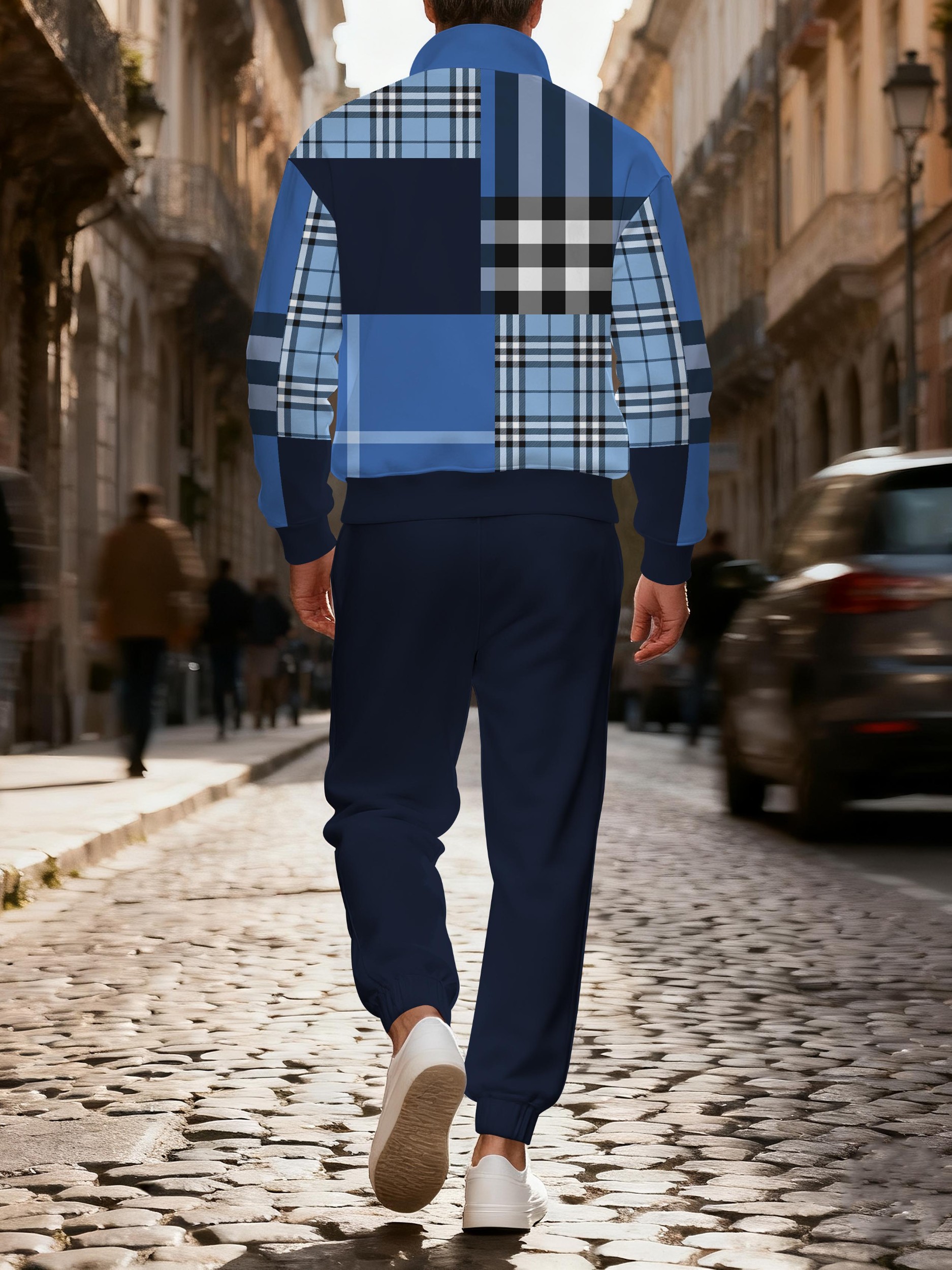 Men's casual blue checkered print zipper polo long-sleeve suit