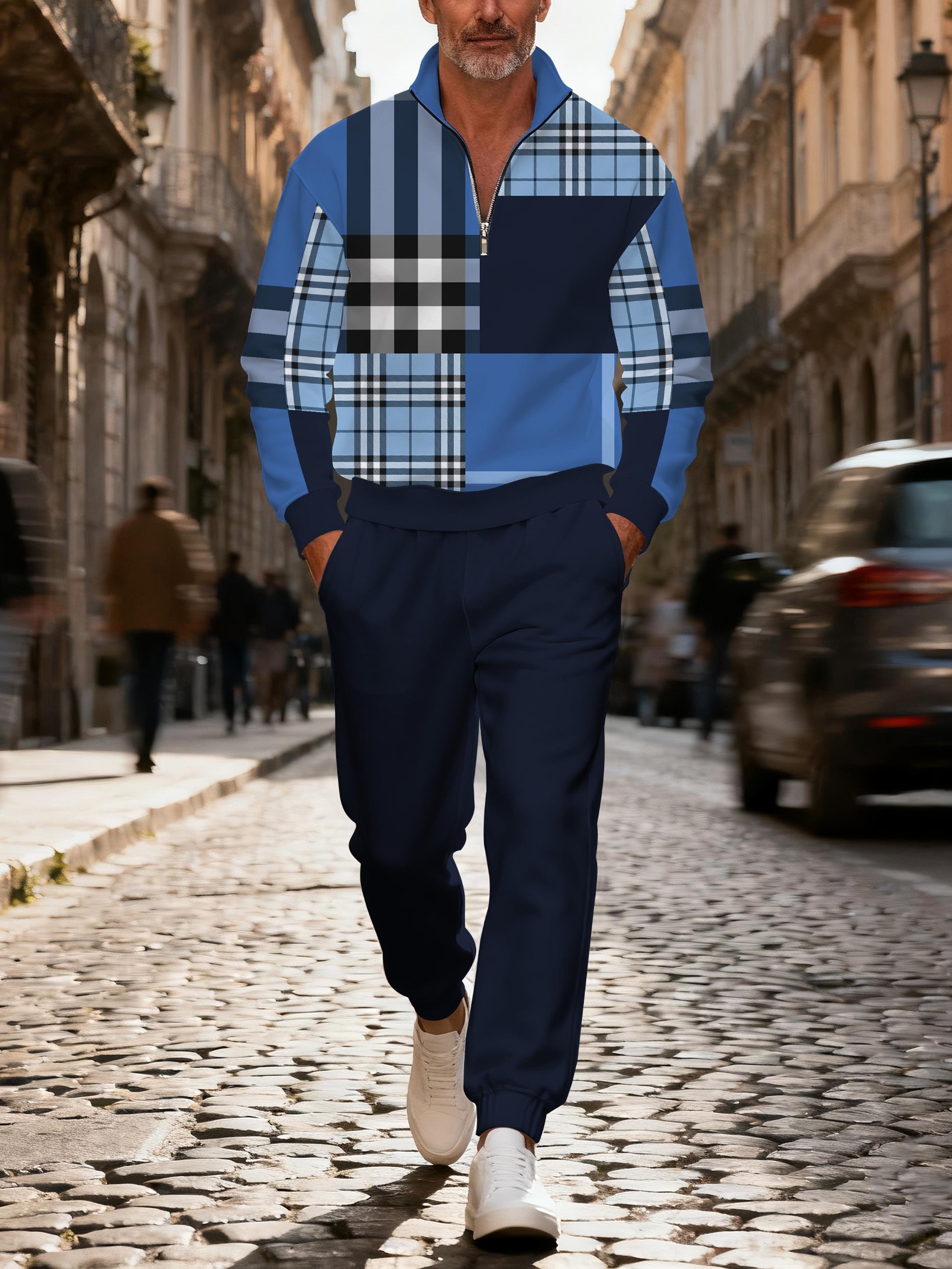 Men's casual blue checkered print zipper polo long-sleeve suit