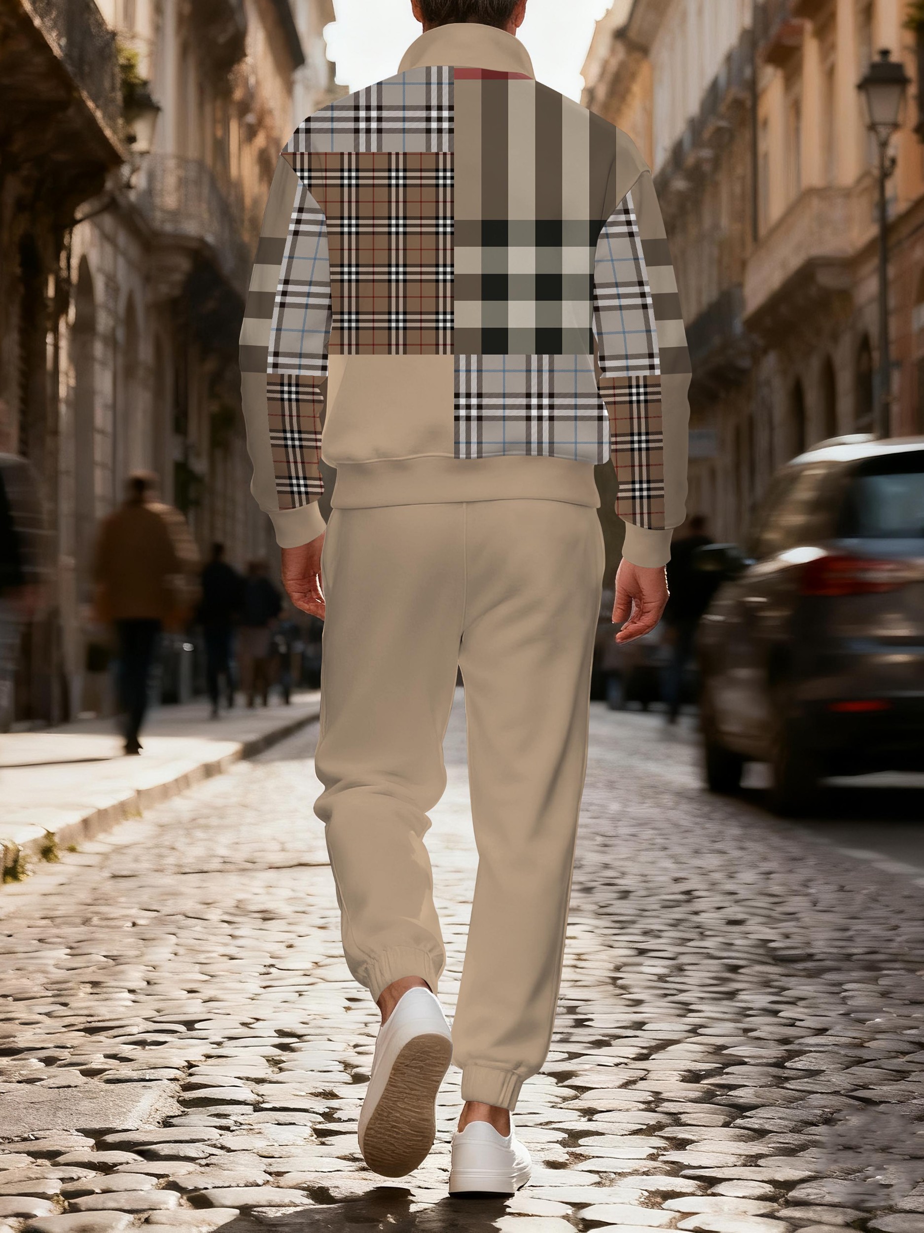 Men's casual khaki checkered print zipper polo long-sleeve set