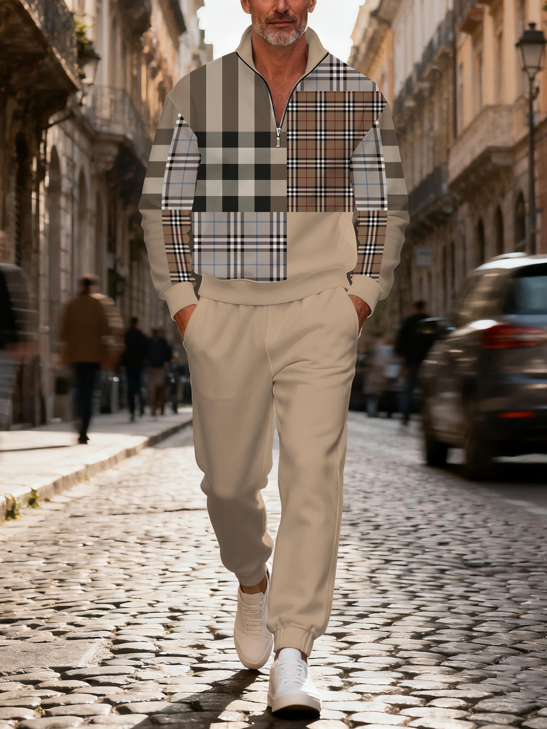 Men's casual khaki checkered print zipper polo long-sleeve set