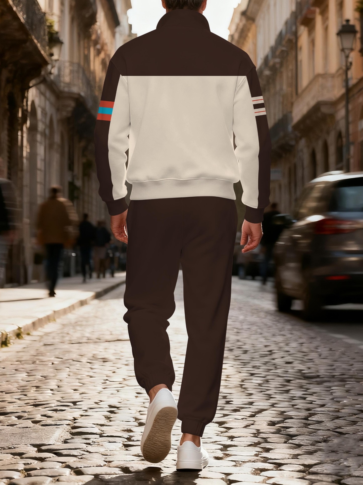 Men's fashionable casual brown printed zipper polo long-sleeve suit