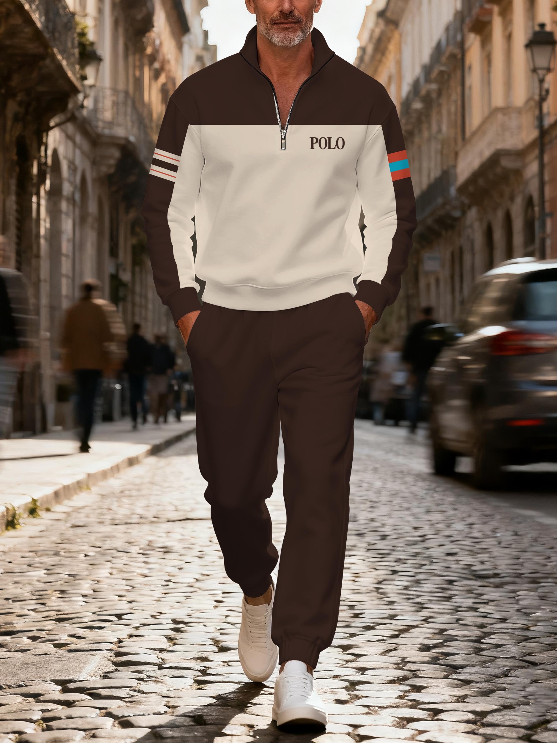 Men's fashionable casual brown printed zipper polo long-sleeve suit