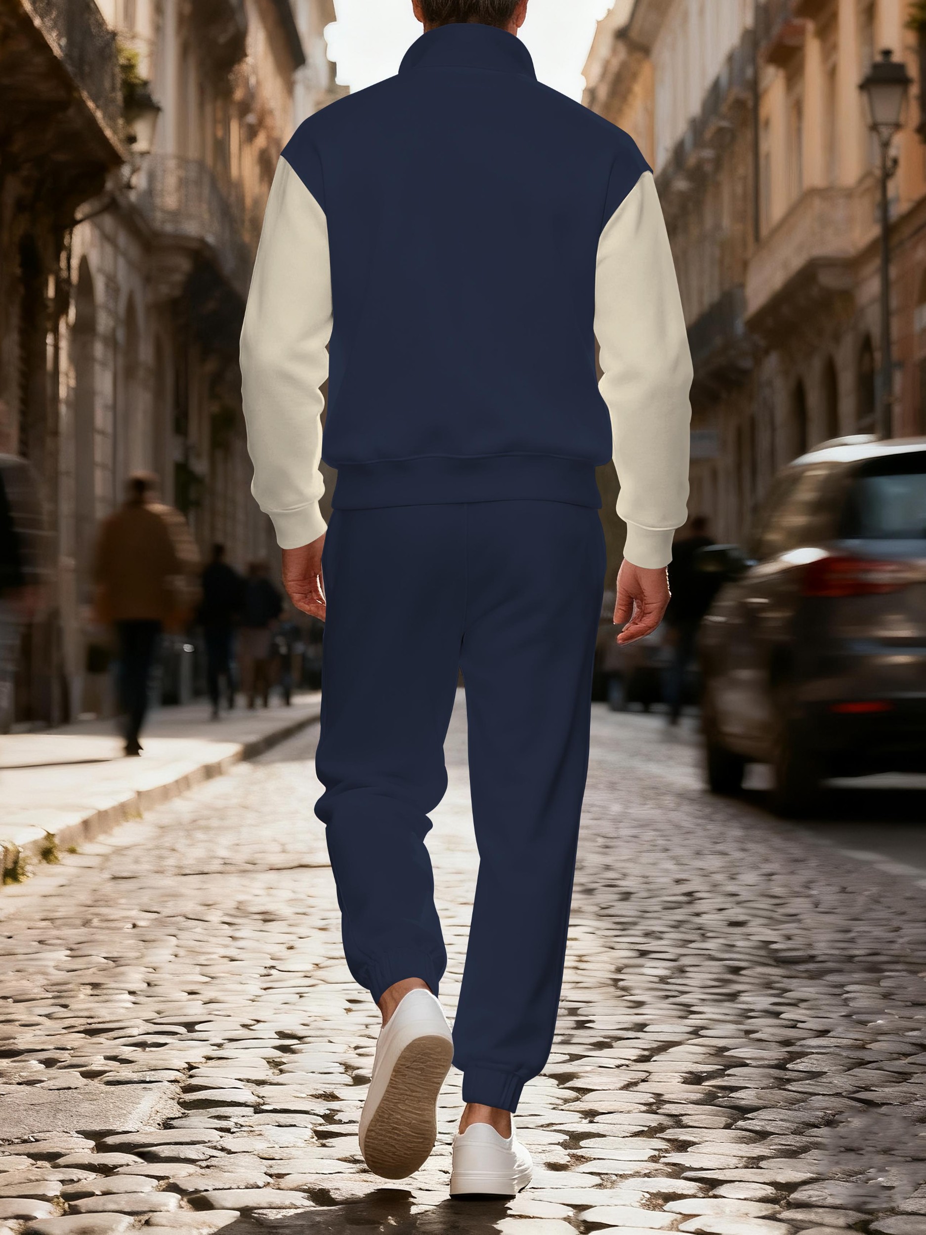 Men's fashionable casual navy striped printed zipper polo long-sleeve set