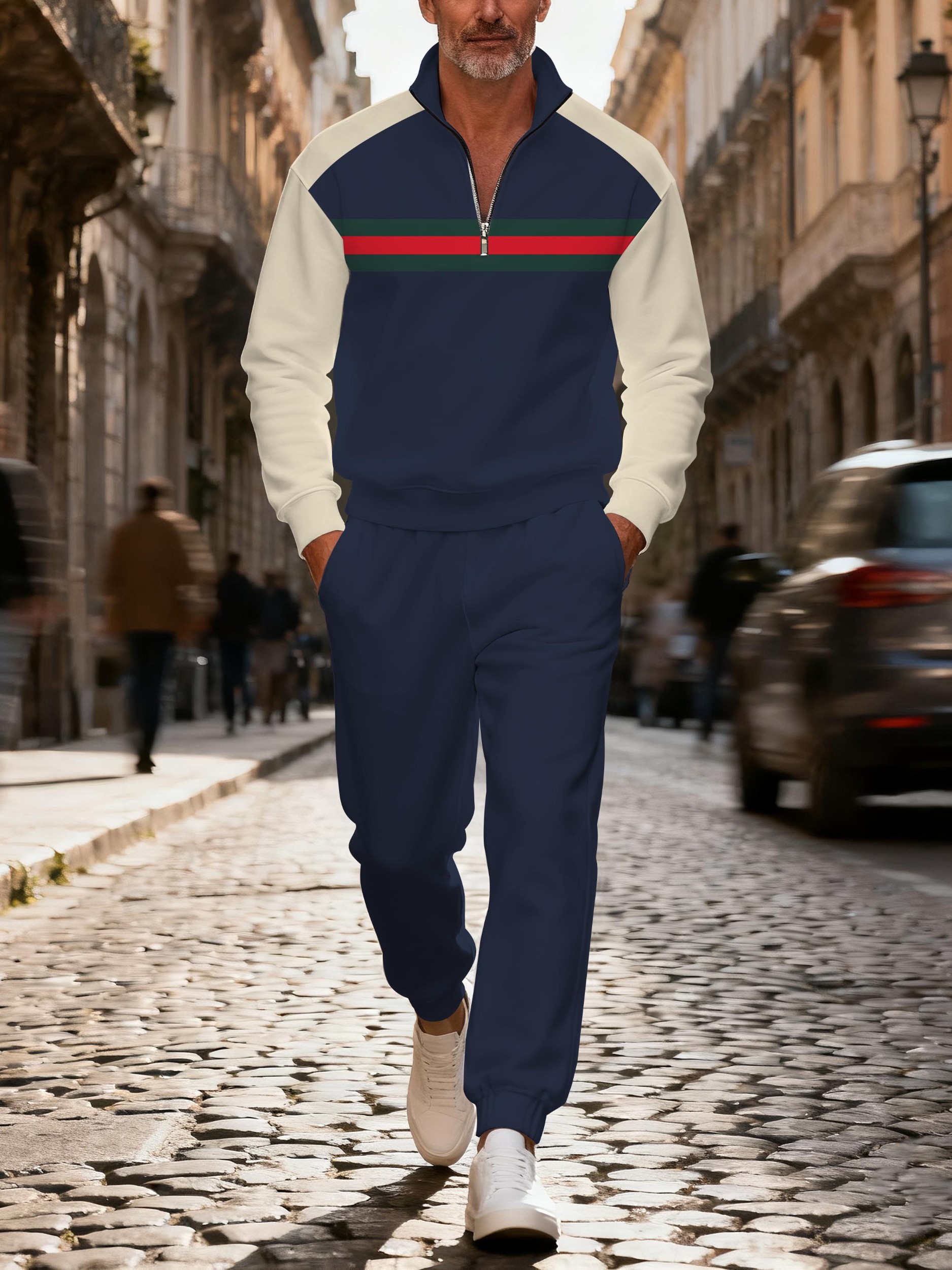 Men's fashionable casual navy striped printed zipper polo long-sleeve set