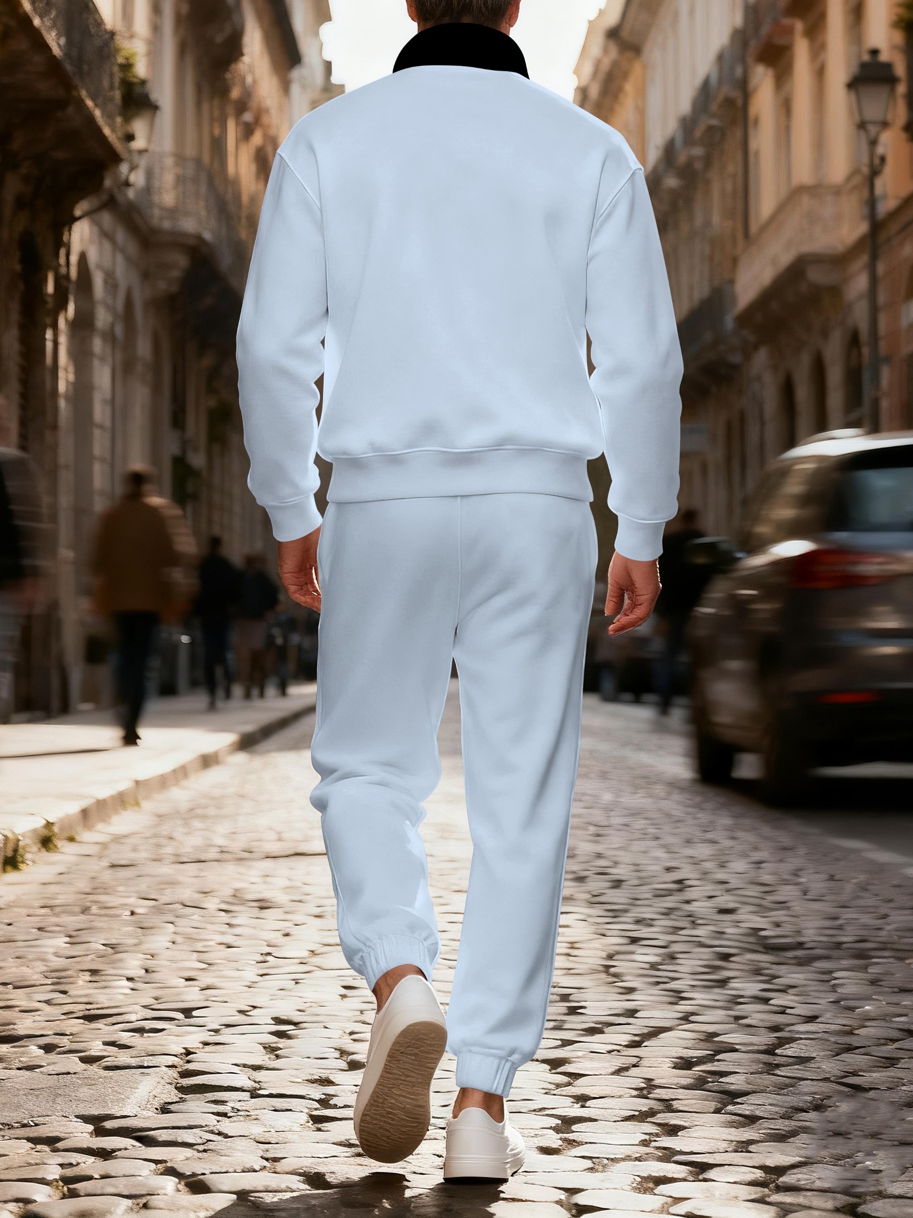 Men's fashionable casual blue printed zipper polo long-sleeve set