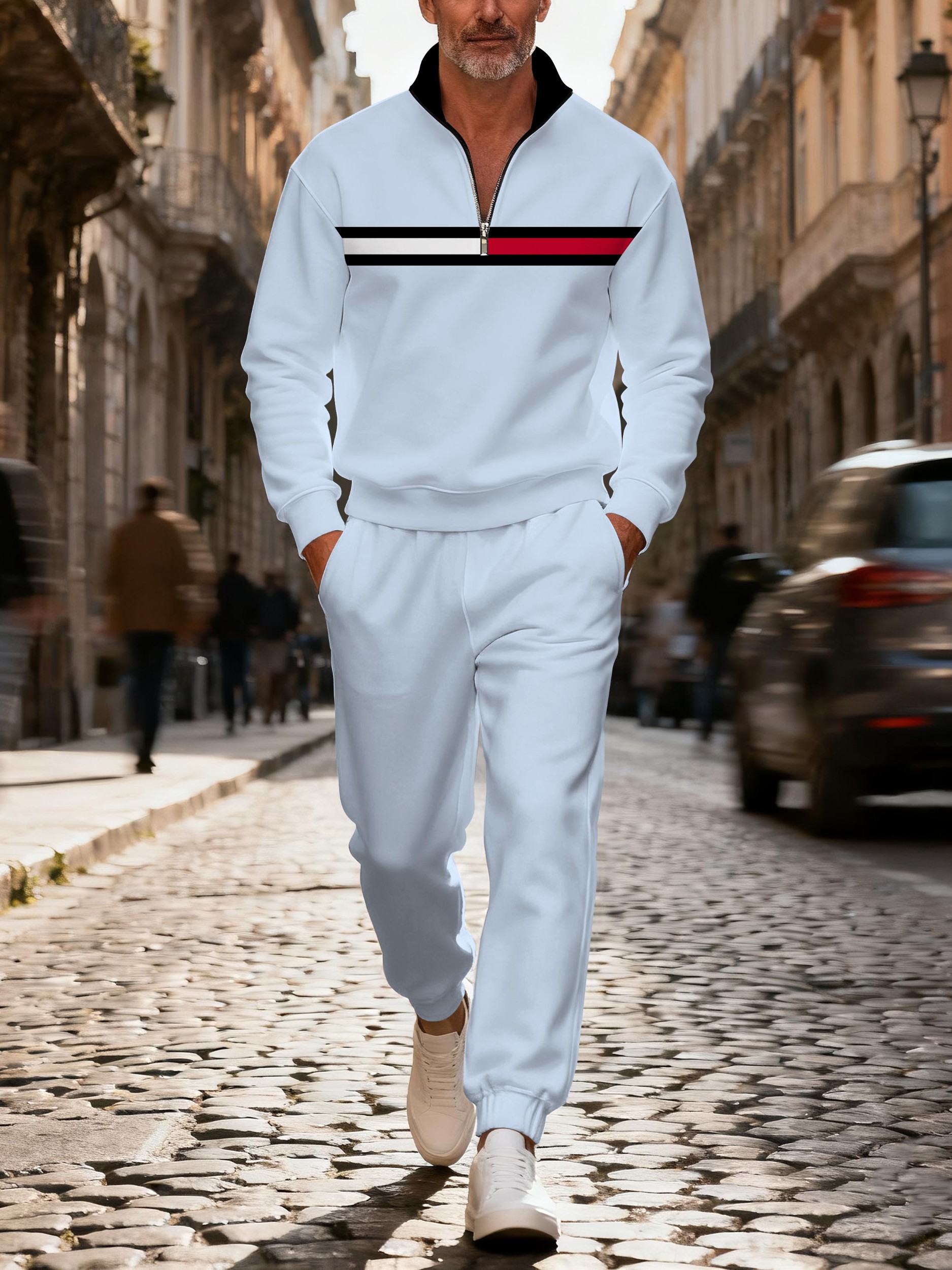 Men's fashionable casual blue printed zipper polo long-sleeve set