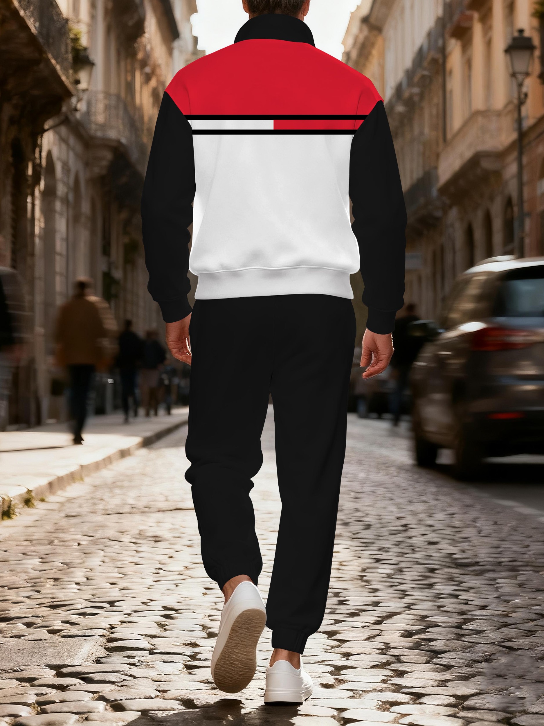 Men's fashionable casual multi-color printed zipper polo long-sleeve suit