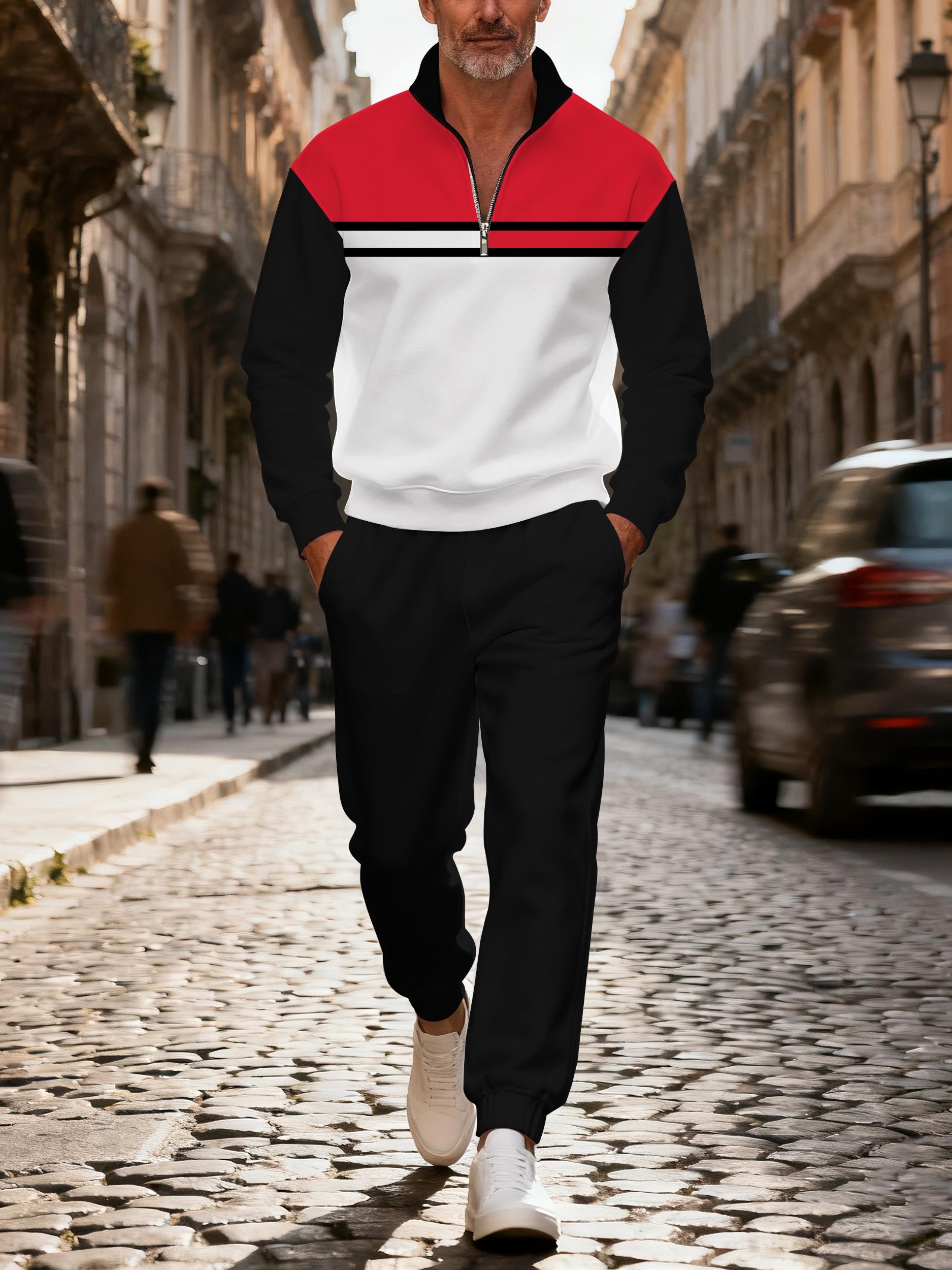 Men's fashionable casual multi-color printed zipper polo long-sleeve suit