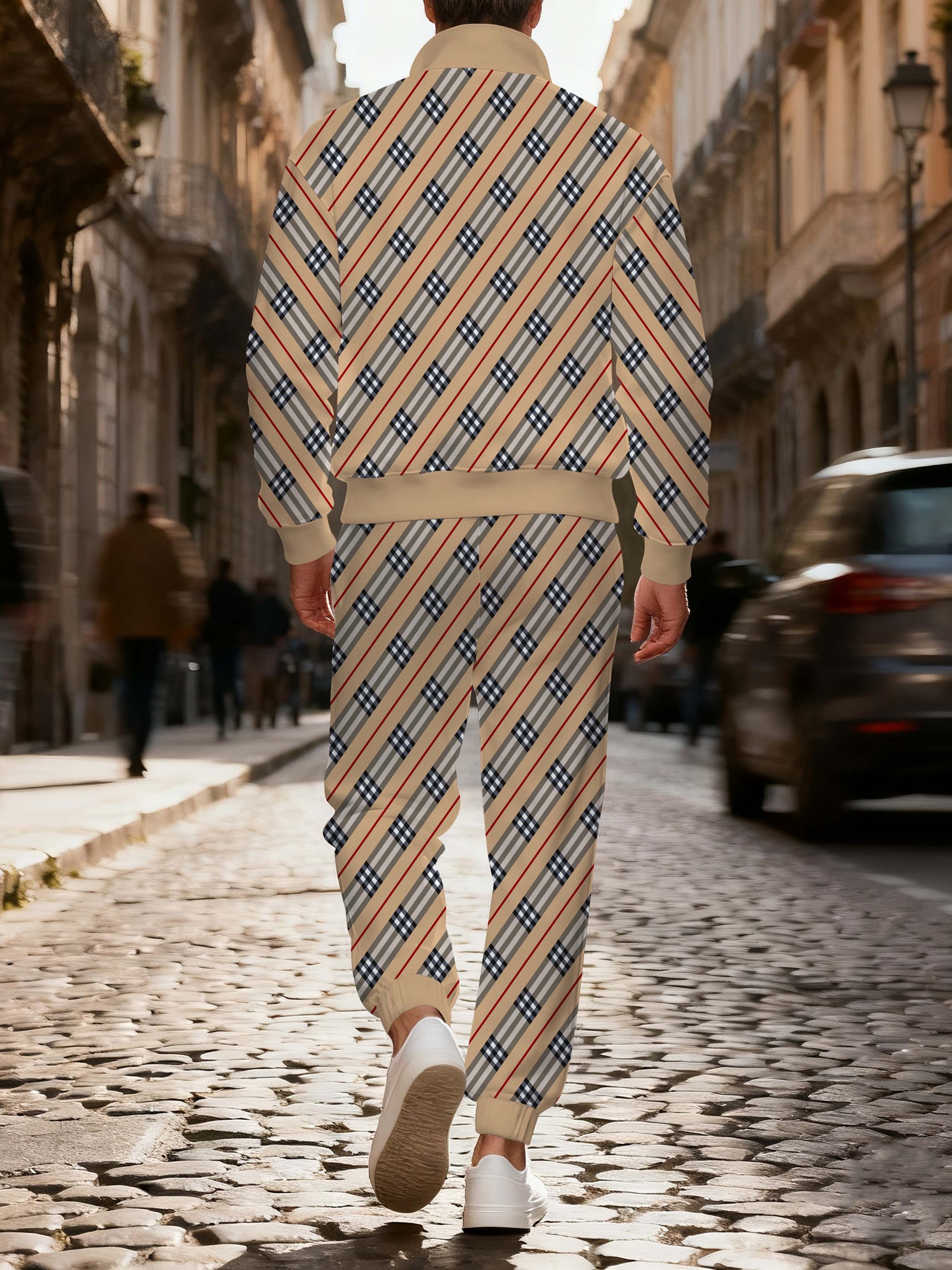 Men's stylish casual khaki checkered print zipper polo long-sleeve set